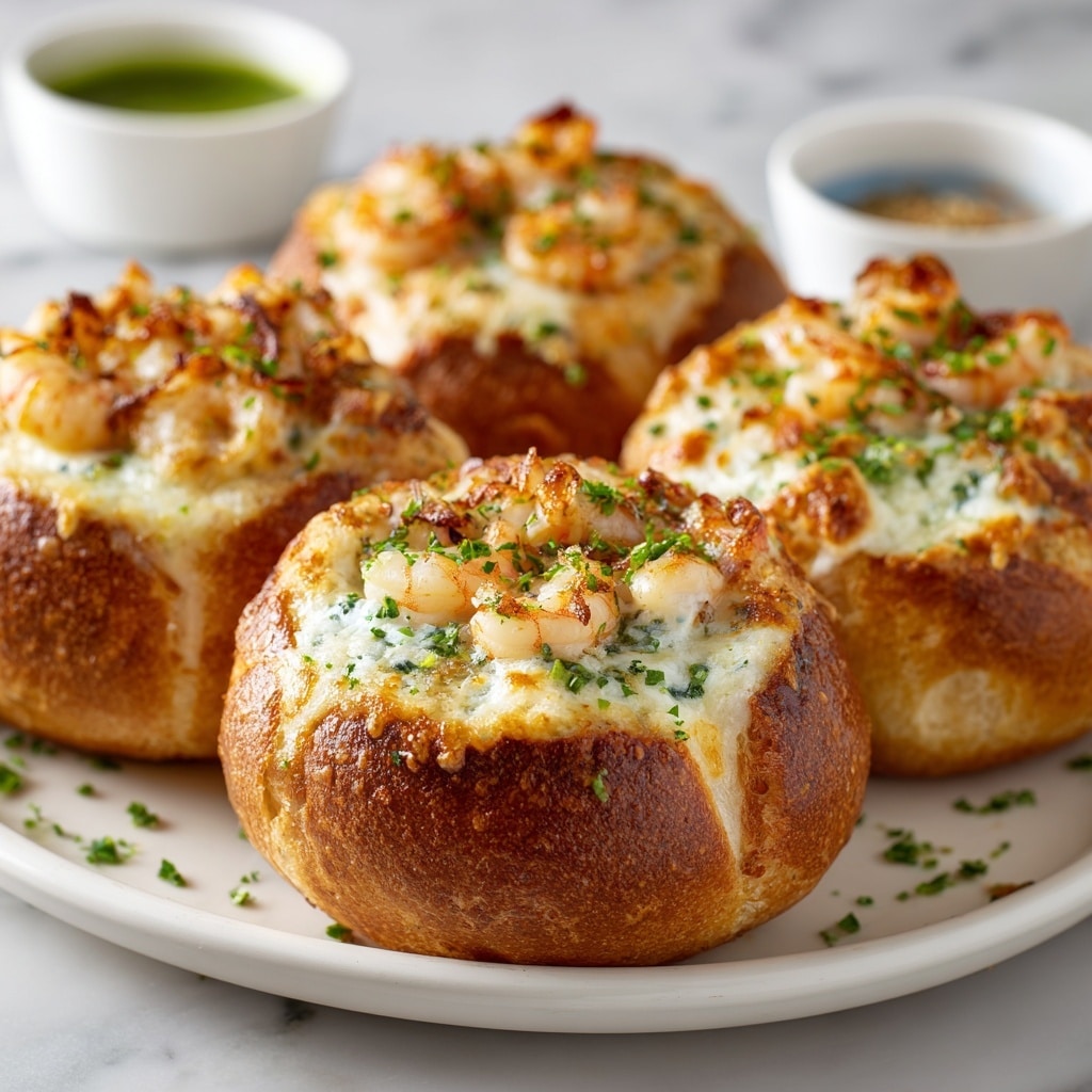 The image shows three round bread bowls with a crispy, golden-brown crust, each filled with a creamy, white cheese sauce layer. On top of the cheese are several pieces of cooked shrimp, which are a light pink color with some orange tint, sprinkled evenly with finely chopped green herbs and small bits of red seasoning. The bread bowls are placed on a wooden tray, and in the background, there is a small blurred white bowl. The overall setting has a warm, inviting look with a focus on the texture of the bread and the shrimp toppings. Photo taken with an iphone --ar 4:5 --v 7