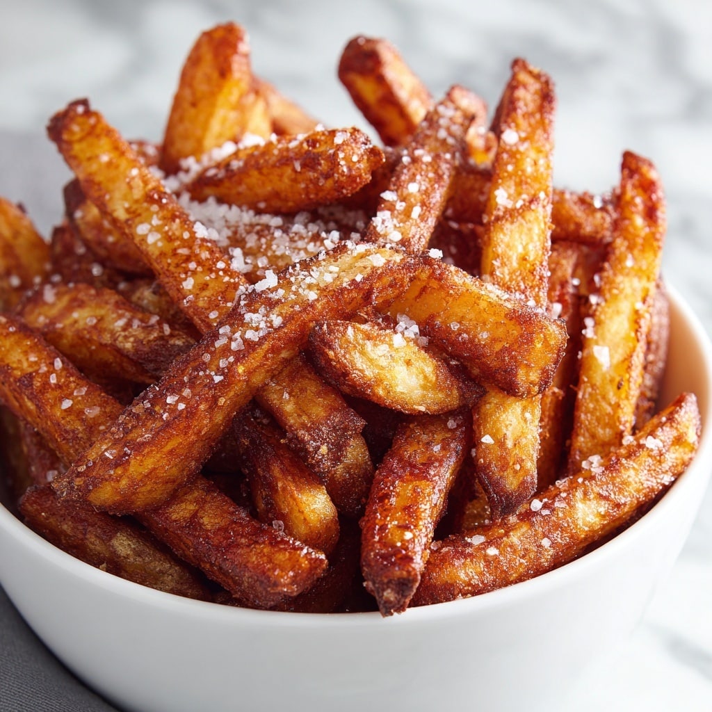 A close-up view of a pile of crispy golden-brown fries stacked in a white bowl, each fry coated evenly with a dark reddish-brown seasoning and sprinkled with large grains of white salt, giving a crunchy texture, with the fries showing a mix of smooth and rough surfaces. The background has a soft blur and a white marbled texture. photo taken with an iphone --ar 4:5 --v 7