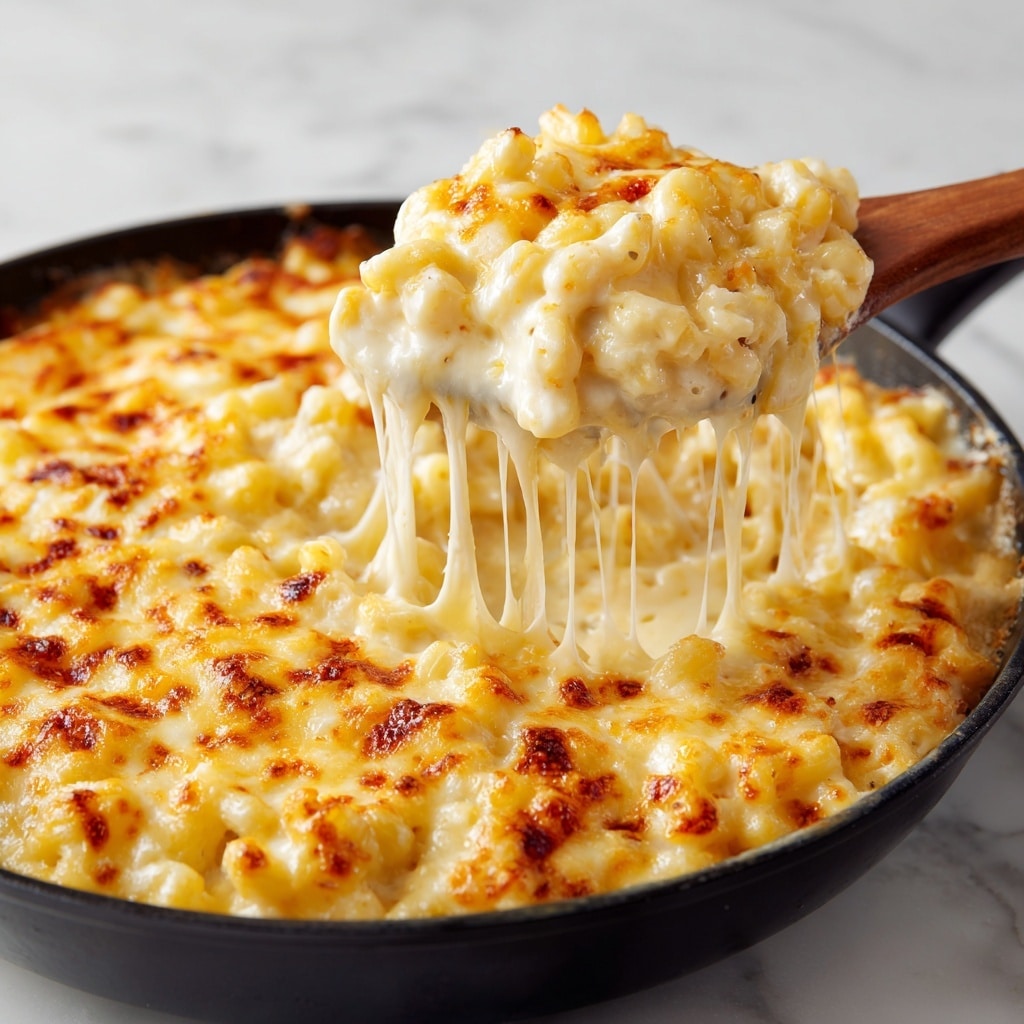 A close-up of macaroni and cheese in a black pan, showing one scoop being lifted with layers of golden melted cheese stretching down from the scoop. The top layer is bubbly and browned in spots, with creamy, soft pasta underneath. The pasta is small macaroni, covered thickly in creamy yellow and light orange cheese sauce, gooey and smooth, creating a rich texture. The background is a white marbled texture. Photo taken with an iphone --ar 4:5 --v 7
