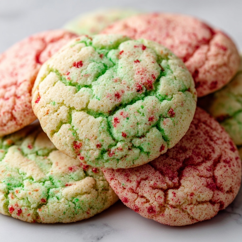 The image shows a close-up of soft cookies piled together on a white marbled surface. There are two main types of cookies: one is light green with red and darker green specks throughout, giving a festive look, and the other is light pink with red specks. Each cookie has a slightly cracked texture on top, revealing a soft inside. The cookies overlap each other in a casual, inviting way. Photo taken with an iphone --ar 4:5 --v 7