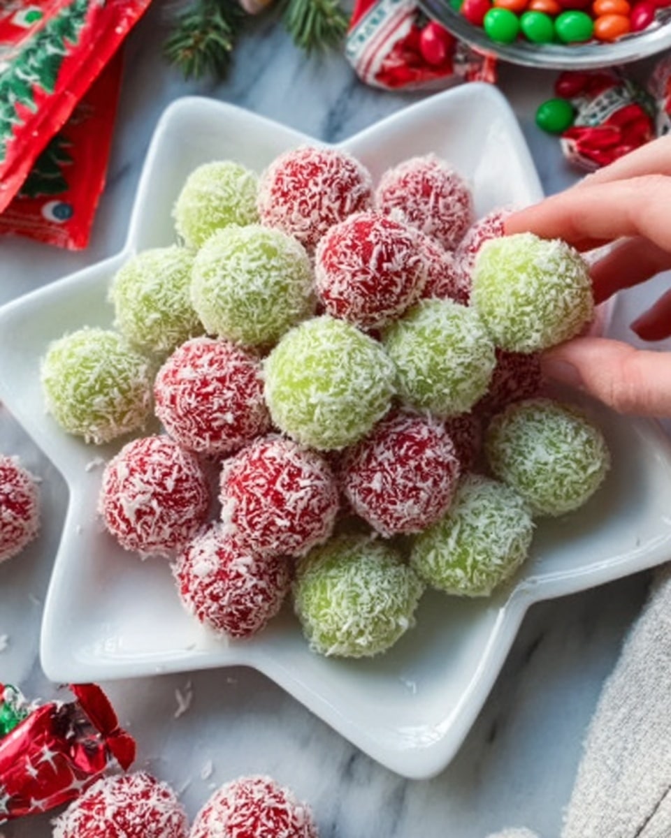 The image shows a white star-shaped plate holding several round balls covered in small shredded coconut flakes. Most balls are pink with white flakes, and a few balls are light green with white flakes. The plate is placed on a white marbled surface, and a woman's hand partially holds the edge of the plate. There are red and green candy packages and a white and red zigzag patterned cloth nearby. The balls have a smooth texture under the flakes, and they are closely arranged in the plate. photo taken with an iphone --ar 4:5 --v 7