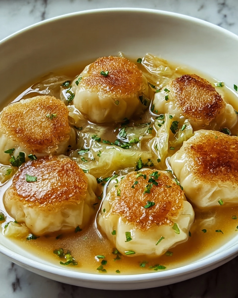 A white bowl filled with seven round dumplings, each with a light golden-brown toasted top and a soft, shiny, slightly translucent dough layer. The dumplings float in a clear, golden broth with visible thin, cooked cabbage pieces scattered around them. Small green herb flakes are sprinkled over the dumplings and broth, adding a fresh contrast. The background shows a hint of green herbs and a garlic bulb, all set on a white marbled texture. photo taken with an iphone --ar 4:5 --v 7