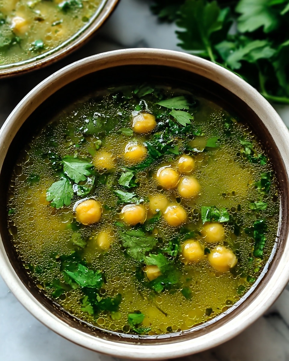 A close-up view of a white bowl filled with green chickpea soup. The soup has a light green broth with small round yellow chickpeas and pieces of fresh green cilantro floating on the surface. The bowl is placed on a white marbled surface with part of another similar bowl visible in the background. The colors show a fresh and natural look, with the green cilantro adding texture and brightness to the smooth soup. Photo taken with an iphone --ar 4:5 --v 7