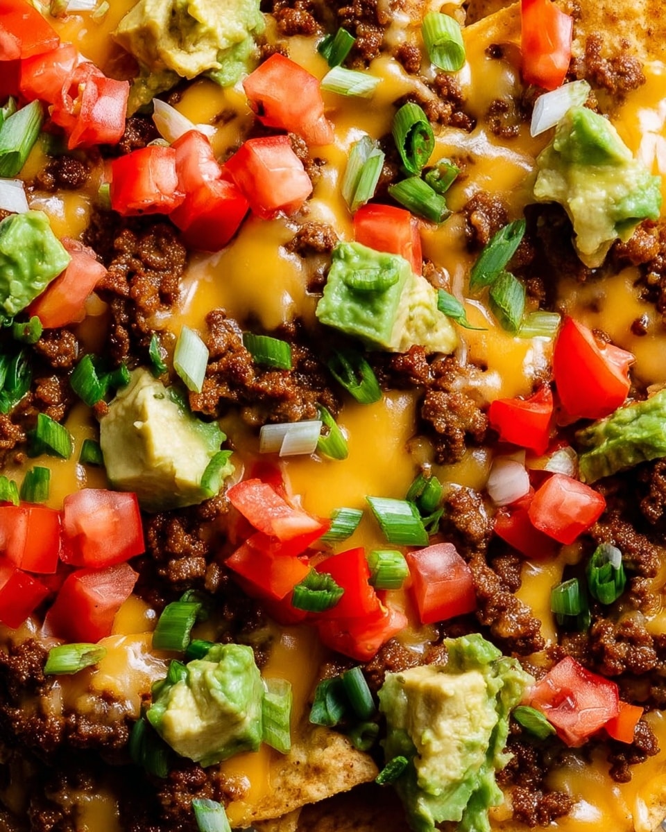 A close-up view of a layered nacho dish featuring crispy tortilla chips fully covered with melted, creamy yellow cheese sauce. Scattered on top are bright red diced tomatoes, small chunks of green avocado, and finely chopped green onions. Dark brown cooked ground beef pieces are spread evenly throughout, adding texture contrast. The layers blend together with the rich cheese coating everything in a glossy finish, all set against a white marbled surface. photo taken with an iphone --ar 4:5 --v 7