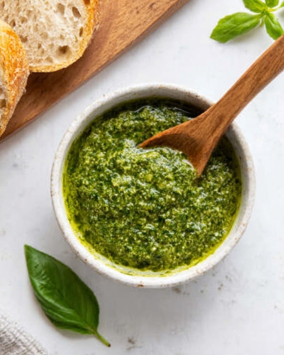 A small white bowl filled with a thick, textured green pesto sauce is placed on a white marbled surface. A wooden spoon rests inside the bowl at the top right side, slightly dipping into the sauce. To the top left, there are two slices of rustic bread on a wooden board. A fresh basil leaf lies near the bowl on the left side. The image is bright and clean, showing the vibrant green color of the pesto clearly. Photo taken with an iphone --ar 4:5 --v 7
