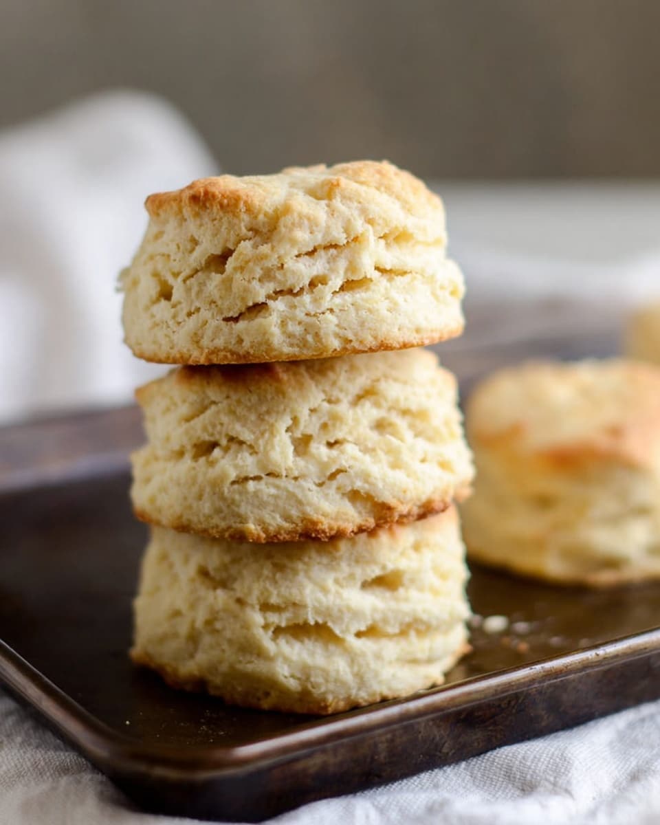 The image shows a stack of three light golden-brown biscuits with a soft, fluffy texture and slightly crumbly edges, sitting on a dark baking tray. Each biscuit has visible layers with a rough, uneven surface, showing the tenderness inside. In the blurred background, two more biscuits are placed separately on the same baking tray, all on top of a white marbled texture cloth. photo taken with an iphone --ar 4:5 --v 7