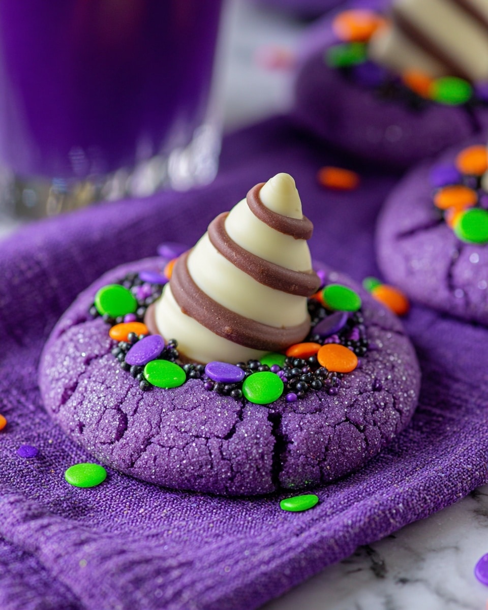 A vibrant purple cookie with a soft, cracked texture rests on a purple cloth. The cookie is topped with a white chocolate piece that has smooth brown stripes swirling around it in a cone shape, placed in the center. Around the white chocolate piece, there are small round sprinkles in bright green, orange, black, and purple colors, scattered mostly on the top of the cookie. In the background, there is another similar cookie and a blurry purple drink on a white marbled surface. photo taken with an iphone --ar 4:5 --v 7