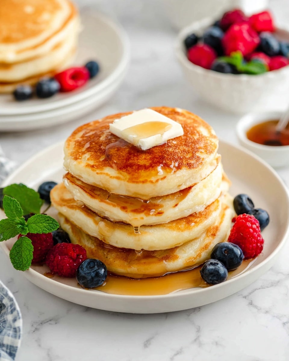 A stack of four golden brown pancakes sits in the center of a white plate on a white marbled surface, with syrup dripping down the sides and pooling at the bottom. On top of the stack is a square pat of melting butter with a small drizzle of syrup on it. To the left side of the pancakes are fresh blueberries, red raspberries, and a sprig of green mint. In the blurred background, parts of another white plate with pancakes and fresh berries, a white bowl filled with mixed berries, and a small syrup pitcher are visible. Photo taken with an iphone --ar 4:5 --v 7