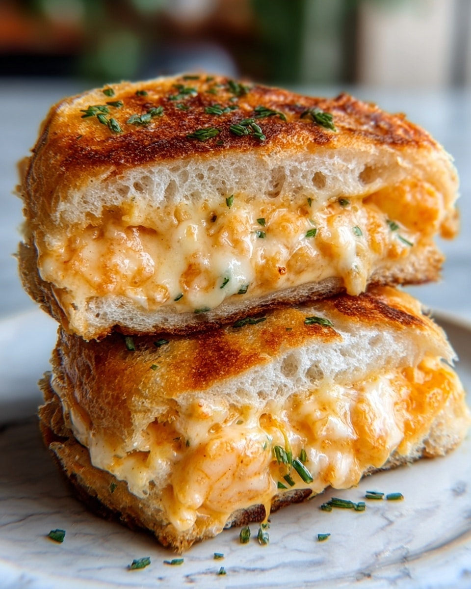 The image shows a close-up of a sandwich cut in half and stacked. The sandwich has three visible layers: a golden-brown toasted top layer with a slightly crispy texture and some green herbs sprinkled on it, a middle creamy orange layer with melted cheese and some small chunks inside, and a bottom layer similar to the top, golden and toasted with a soft interior. The sandwich sits on a white plate placed on a white marbled surface, with soft natural light highlighting the steam and melted cheese inside. Photo taken with an iphone --ar 4:5 --v 7