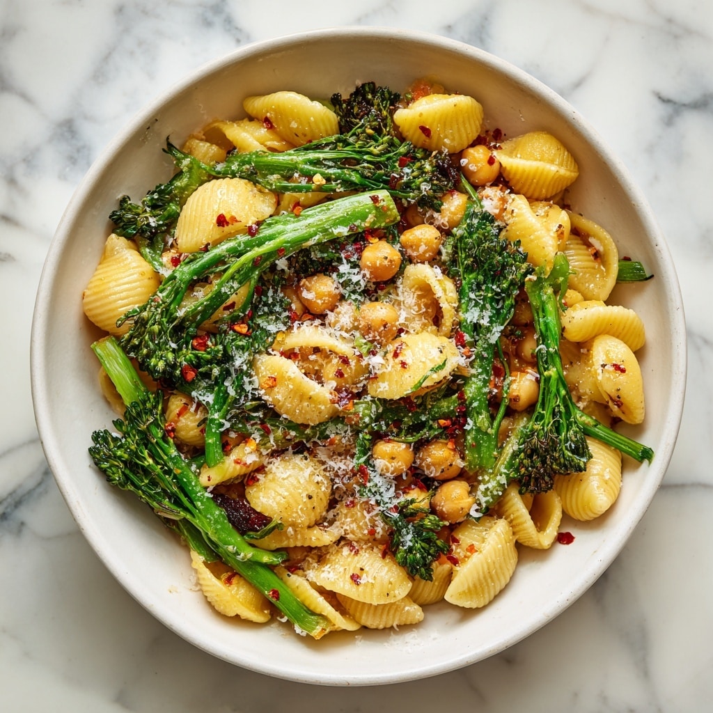 The dish is served in a white bowl and shows three main layers mixed together: the first layer consists of small shell-shaped pasta in a light yellow color with a smooth texture, the second layer has bright green broccolini stems and florets with a slightly crispy look, and the third layer includes round, golden chickpeas scattered throughout. There are red chili flakes sprinkled over the top along with a light dusting of white grated cheese, adding texture and small contrasts of colors. The whole meal looks well mixed with hints of herbs and seasoning visible, all set against a white marbled surface. photo taken with an iphone --ar 4:5 --v 7