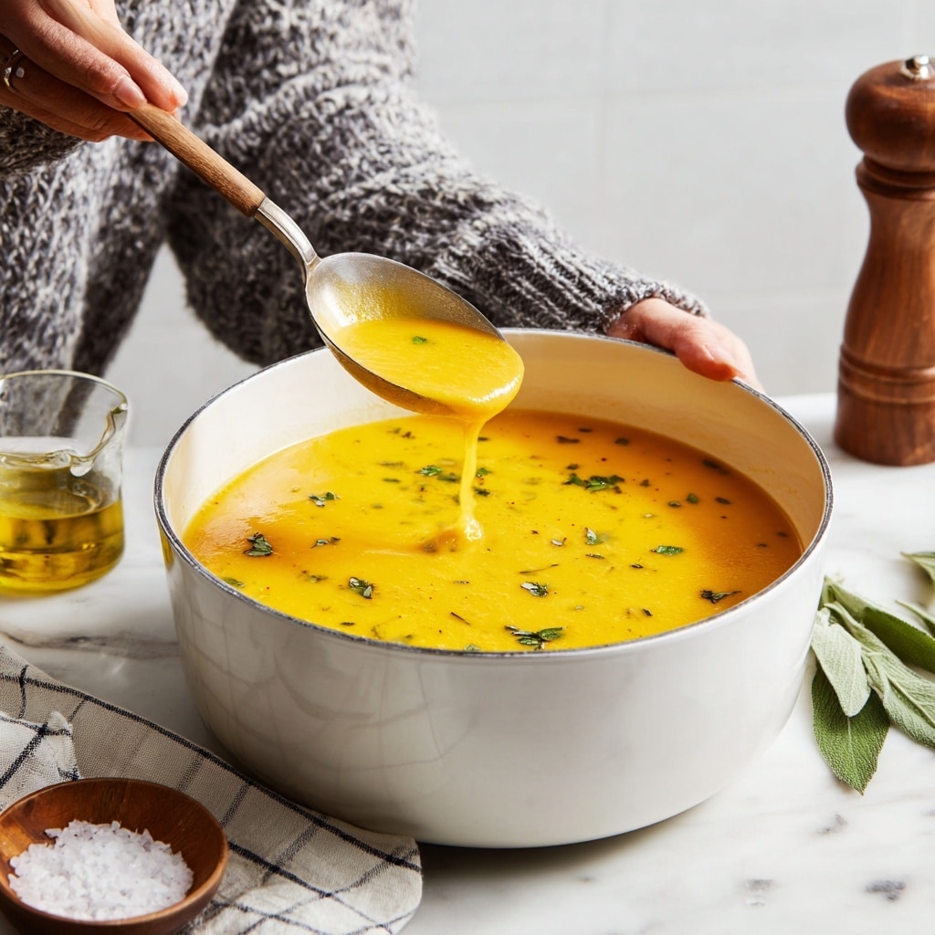 A close-up top view of a white pot filled with smooth orange soup, gently sprinkled with small green herb pieces evenly spread on top. Next to the pot is a white bowl with the same soup and herbs, with a silver spoon inside. Surrounding the dishes are fresh green leaves, two silver spoons, a small glass jar with a yellow liquid, and a wooden pepper grinder, all placed on a white marbled surface. A blue and white checkered cloth is partially visible under the pot. photo taken with an iphone --ar 4:5 --v 7