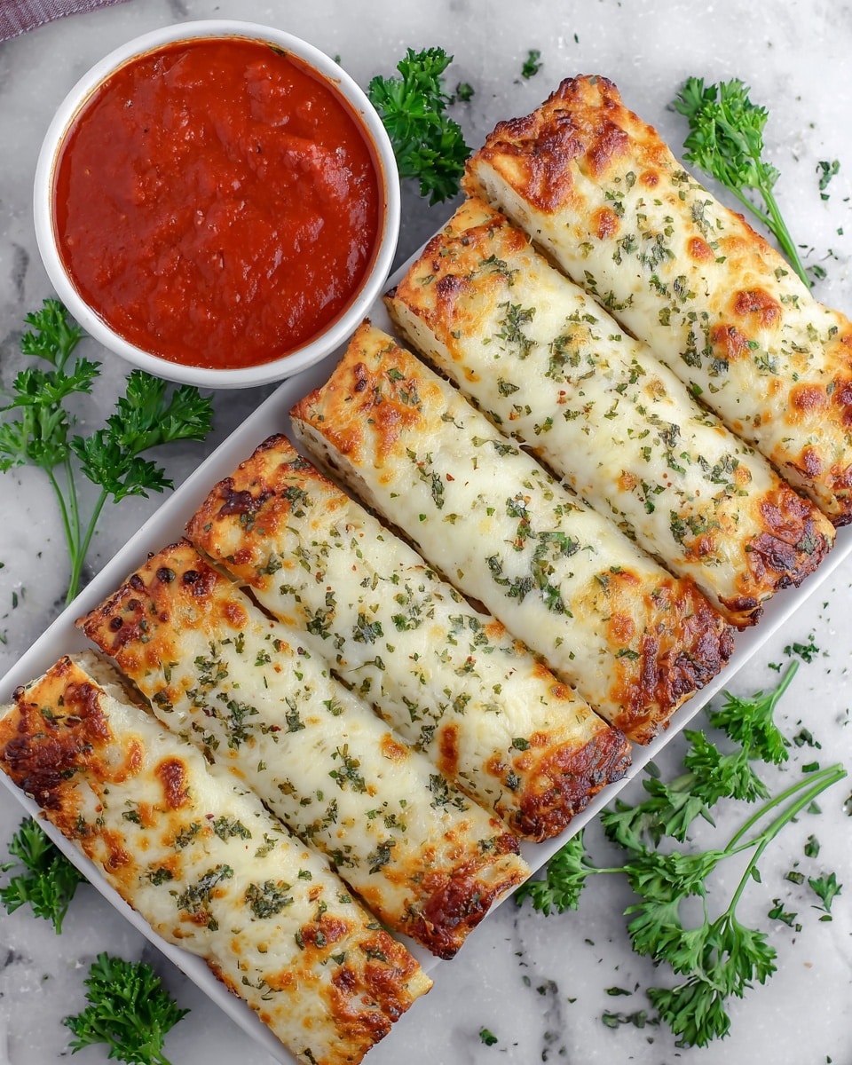 The image shows ten rectangular pieces of garlic breadsticks arranged in two rows on brown parchment paper. Each stick is covered with a golden-brown melted cheese layer sprinkled with chopped green herbs, giving a fresh look. The edges of the breadsticks show a lightly toasted texture, adding a crispy contrast to the soft center beneath the cheese. To the left of the breadsticks, a small round white bowl holds thick, smooth red marinara sauce with visible small bits of tomato. A few sprigs of fresh parsley are placed around the parchment paper on a white marbled surface, adding a touch of green freshness. photo taken with an iphone --ar 4:5 --v 7