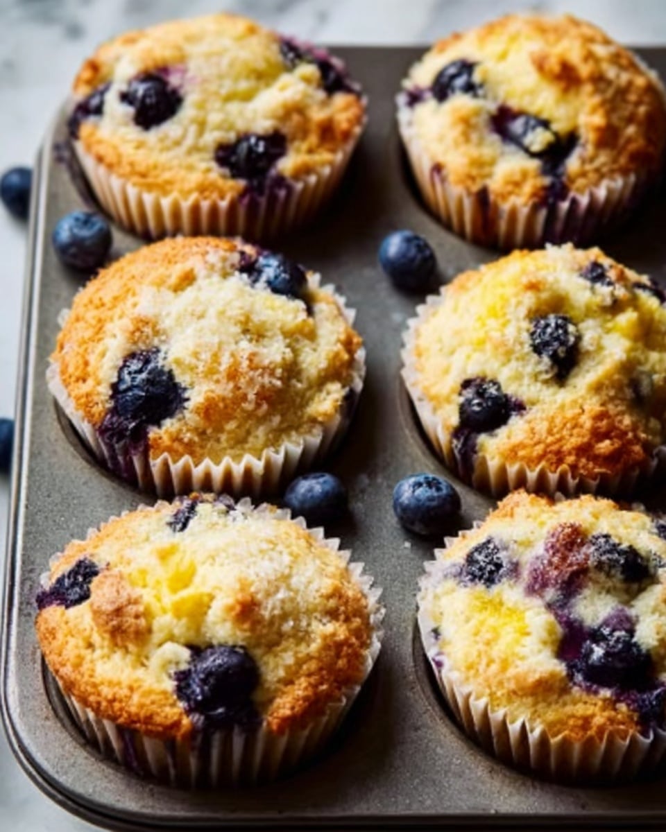 A close-up view of six golden-baked muffins in white paper liners arranged in a metal muffin tray on a white marbled surface. Each muffin has a soft, slightly crunchy top with scattered fresh blueberries bursting through the light brown crust, giving a mix of deep blue and cream colors. The texture looks fluffy and moist with a few blueberries resting on top, adding a juicy shine. The light coming from the side highlights the muffins’ slight cracks and golden edges, making them look fresh and tasty. photo taken with an iphone --ar 4:5 --v 7