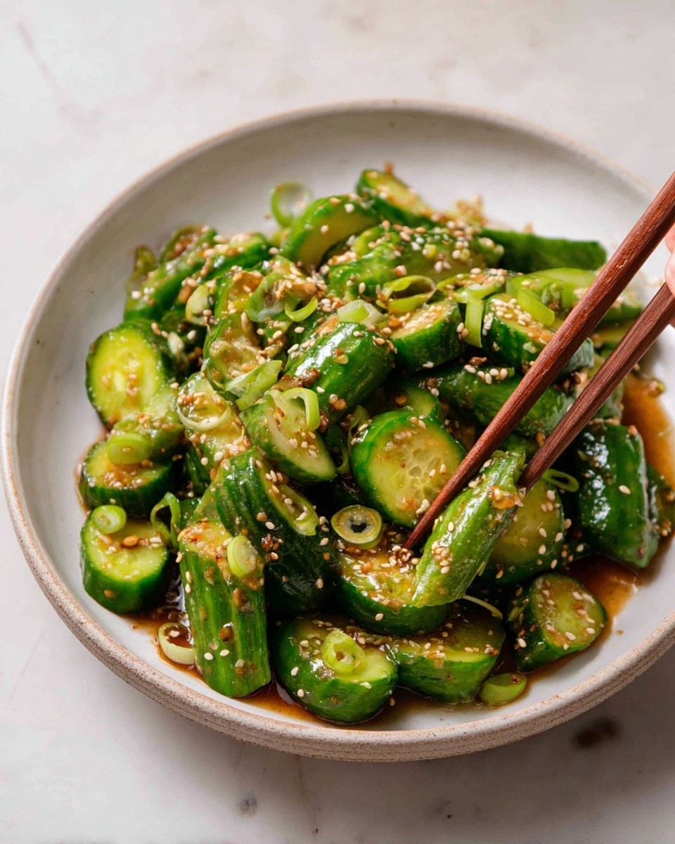 A white round plate holds pieces of chopped cucumber, each cut into thick, short slices with a dark green skin and pale green inside. The cucumbers are lightly coated with a dark brown sauce pooling at the base of the plate. Thin slices of light green scallions are scattered on top, adding texture and color. White sesame seeds are sprinkled all over the dish, giving a crunchy look. Two light brown chopsticks grasp a few cucumber pieces on the right side, held by a woman's hand visible at the edge. The plate sits on a white marbled surface. photo taken with an iphone --ar 4:5 --v 7