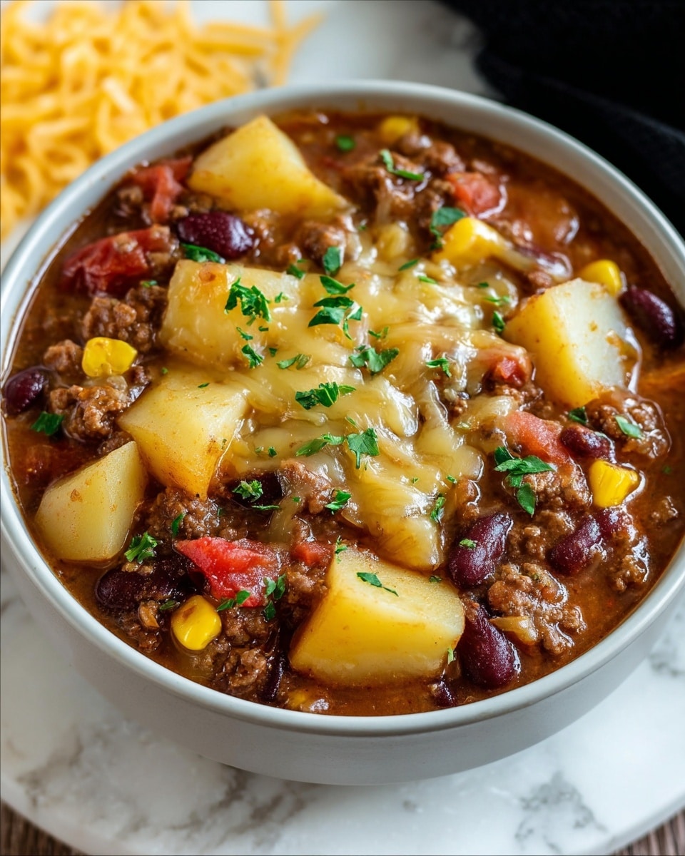 The image shows a close-up of a bowl filled with a hearty stew. The stew has several layers: large chunks of light yellow potatoes, dark red kidney beans, bright yellow corn kernels, and pieces of red tomatoes mixed with cooked ground meat in a thick brown sauce. On top, there is melted cheese that is pale yellow, stringy and slightly glossy, sprinkled with small bits of fresh green herbs. The stew is placed in a white bowl on a white marbled surface, with a portion of shredded yellow cheese visible in the background. Photo taken with an iphone --ar 4:5 --v 7