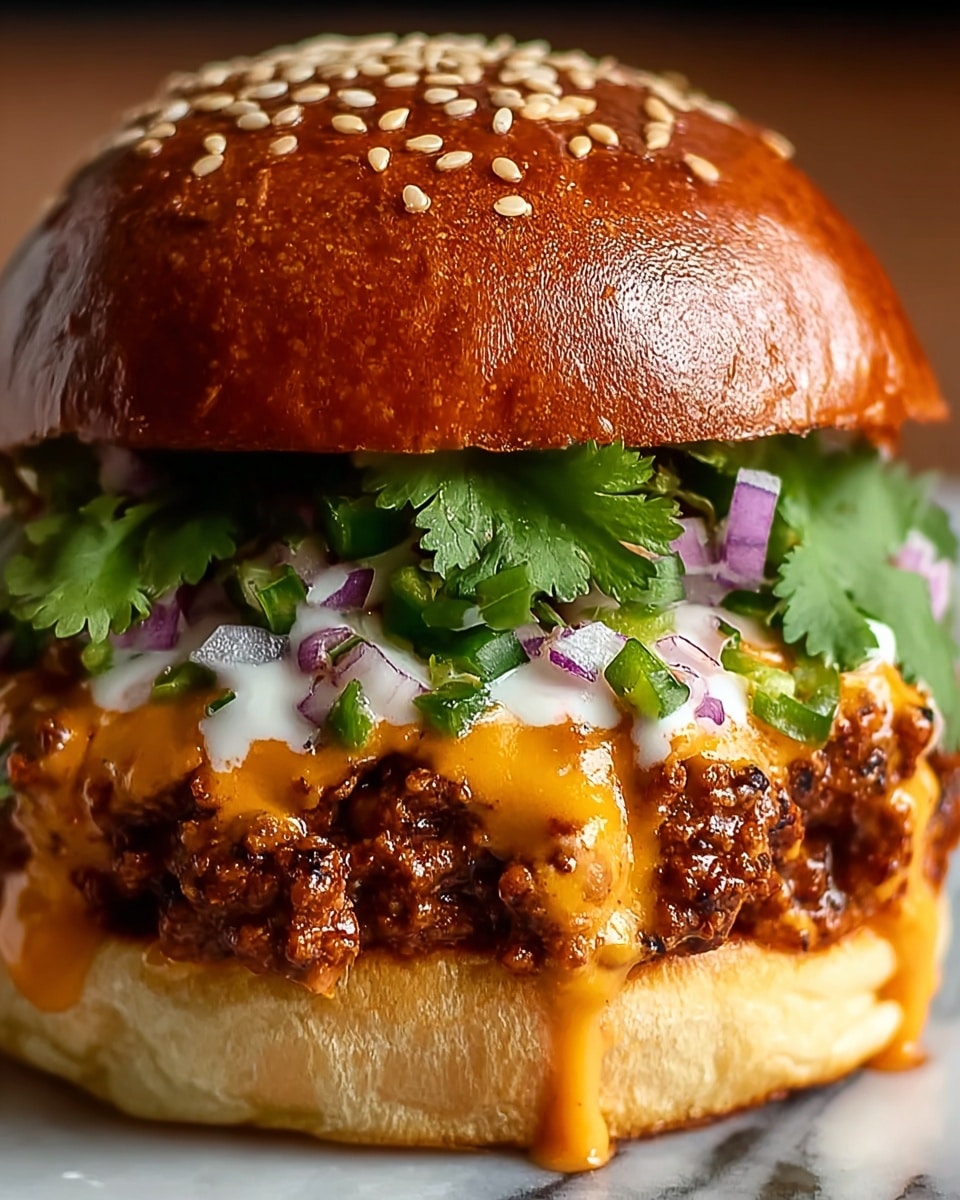 A close-up of a sandwich with four visible layers stacked in a white bun sprinkled with sesame seeds. The bottom layer is a soft, light golden bun with some sauce dripping down. On top of this is a thick, rich layer of cooked ground meat in a glossy reddish-brown sauce. Above the meat lies a melted cheddar cheese layer with a shiny and gooey texture. The next layer consists of small pieces of green herbs and chopped purple onions mixed with white sauce, all topped by the smooth, shiny top half of the white bun with sesame seeds. The background is a white marbled texture. photo taken with an iphone --ar 4:5 --v 7