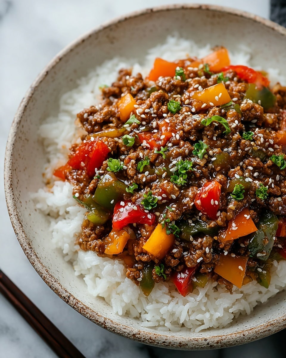 A white speckled bowl holds a neat bed of steamed white rice as the base layer, topped with a mix of cooked ground beef and colorful diced bell peppers in red, yellow, orange, and green, all coated in a glossy brown sauce. The mix is scattered with small chopped green herbs and sprinkled with white sesame seeds for contrast. The food looks moist and vibrant, set against a white marbled surface with dark chopsticks resting on the bowl's edge. Photo taken with an iphone --ar 4:5 --v 7