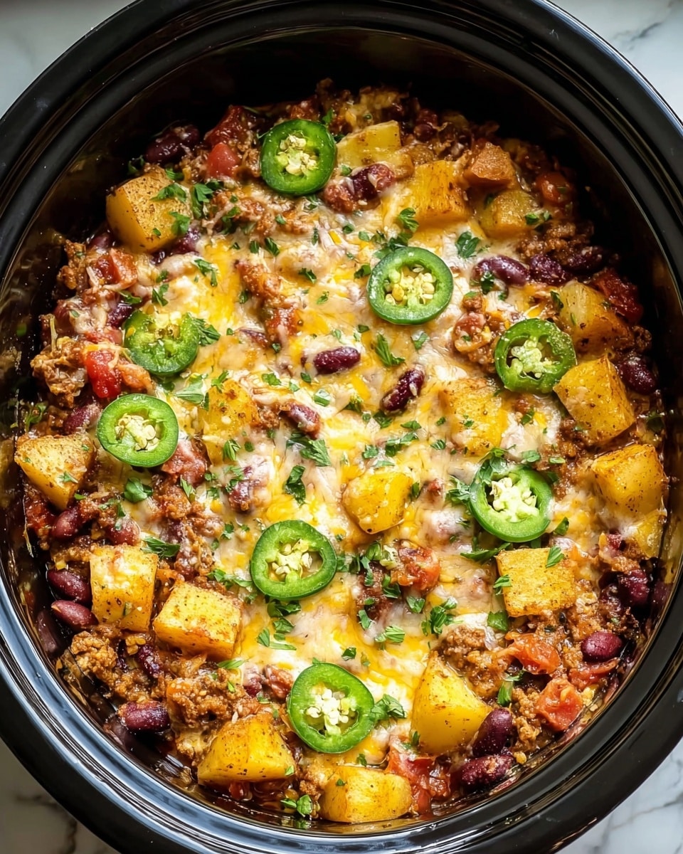 A close-up top view of a loaded dish in a black slow cooker shows multiple layers: a base of cooked ground meat mixed with red beans and diced tomatoes, topped by a layer of melted yellow and white cheese. Scattered throughout are golden cubed potatoes. The topmost layer features sliced green jalapeños and small chopped green herbs sprinkled over the cheese, creating a colorful contrast. The dish looks hot and cheesy, fresh from cooking, all set against a white marbled texture background. Photo taken with an iphone --ar 4:5 --v 7