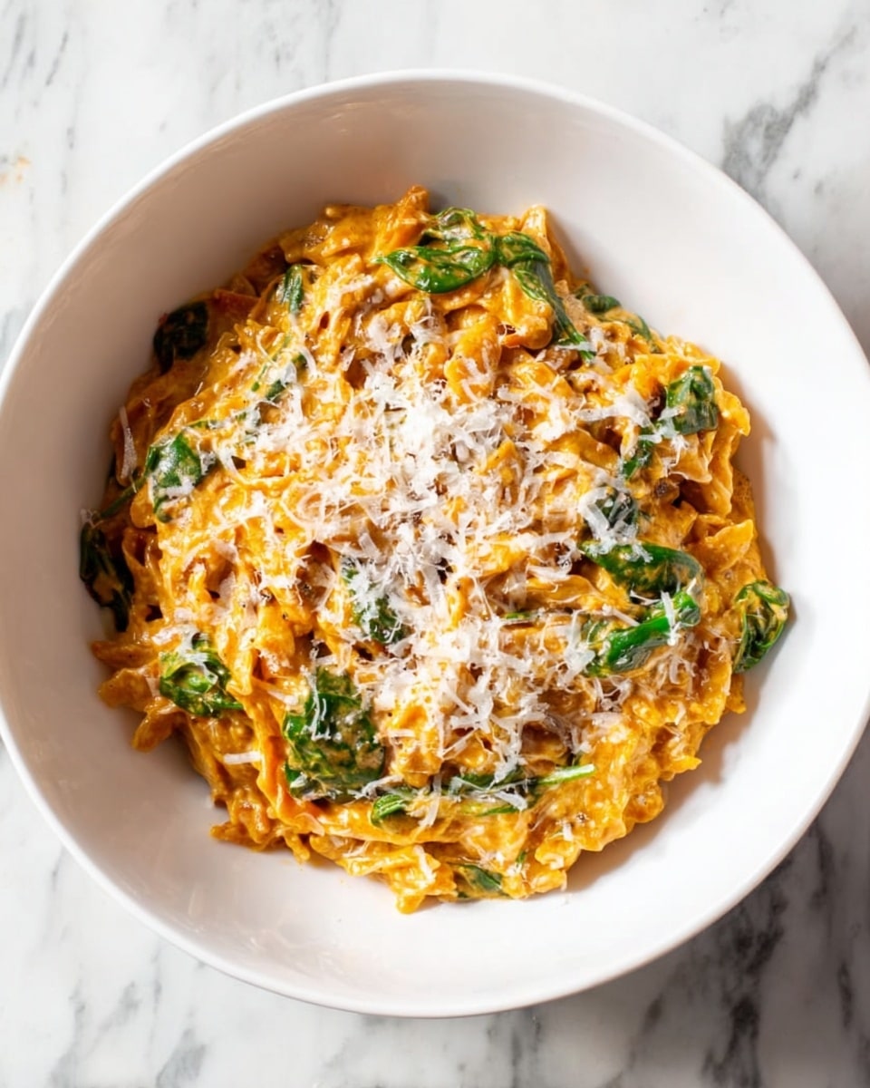 A large white pot filled with a creamy, orange-brown mixture that looks like risotto or thick stew, with visible layers of soft rice grains, browned ground meat, and scattered green spinach leaves throughout. A wooden spoon is partially submerged on the right side, stirring the contents, showing the thick, smooth texture of the dish. The pot sits on a white marbled surface, enhancing the warm colors of the food. photo taken with an iphone --ar 4:5 --v 7
