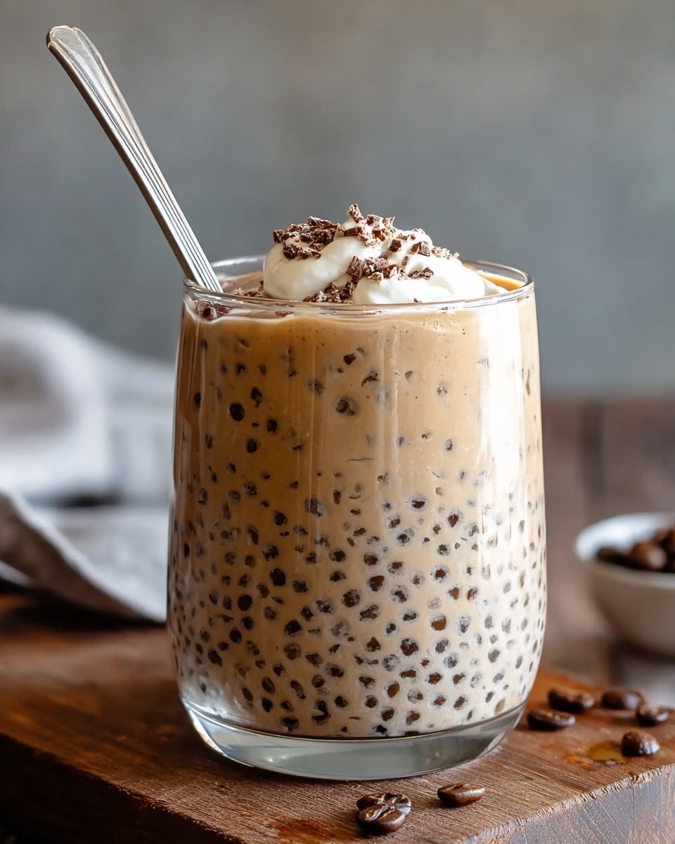 A clear glass filled with a creamy, light brown liquid that contains many small, evenly spread dark tapioca pearls throughout. On the top, there is a small dollop of whipped cream, slightly melted and blending into the liquid, sprinkled with small dark chocolate or coffee bits. A silver spoon is placed inside the glass, resting on the edge. The glass sits on a wooden surface with a few coffee beans scattered around, and the background features a soft mix of blurry, neutral colors. Photo taken with an iphone --ar 4:5 --v 7