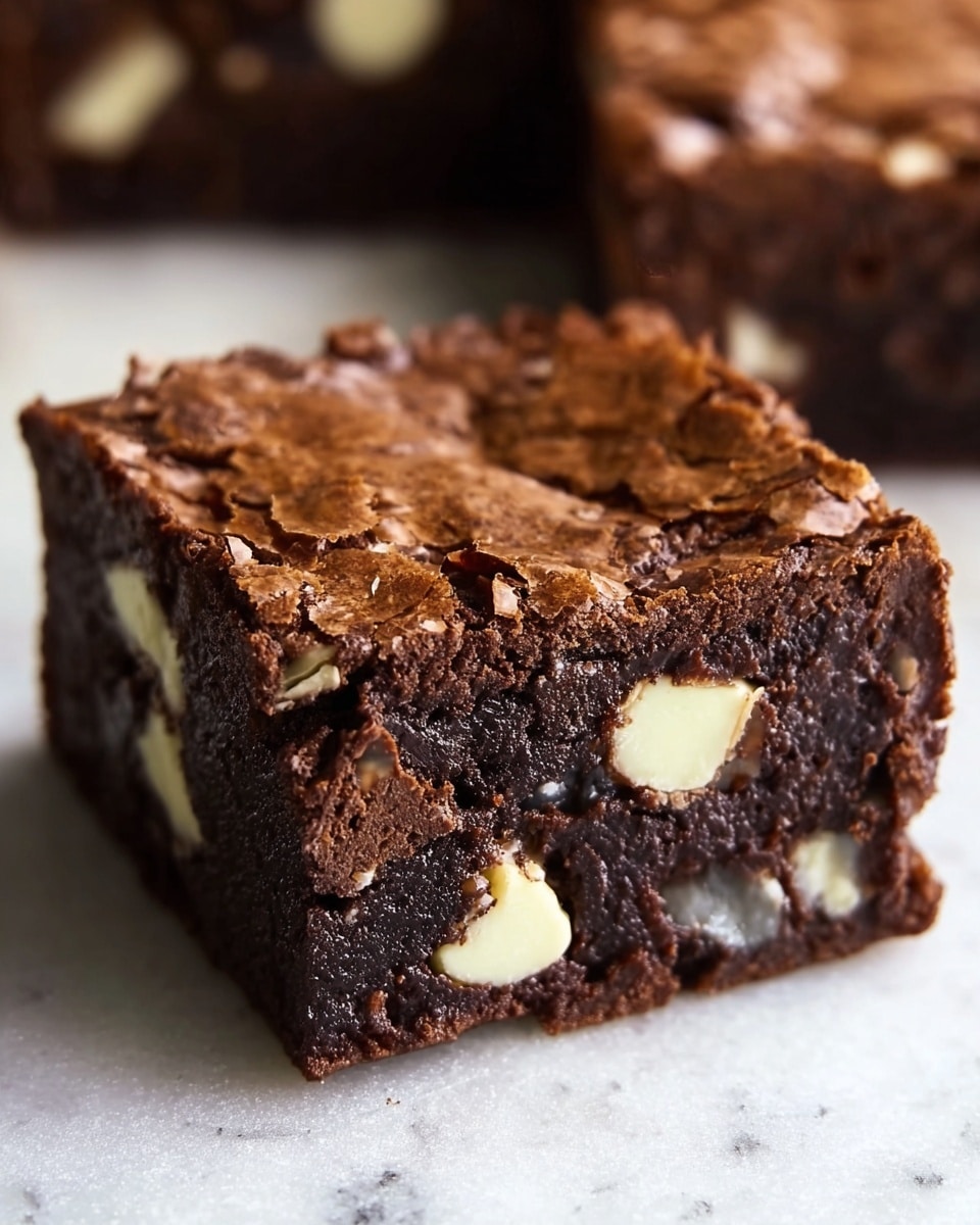 A close-up view of a single square brownie on a white marbled surface, showing two main layers. The bottom layer is dense, moist, and dark brown with visible chunks of white chocolate embedded inside. The top layer is a thin, slightly cracked, shiny chocolate crust with a glossy texture and some small white chocolate spots. The brownie edges are straight and firm, and there are a few crumbs scattered around it. Photo taken with an iphone --ar 4:5 --v 7
