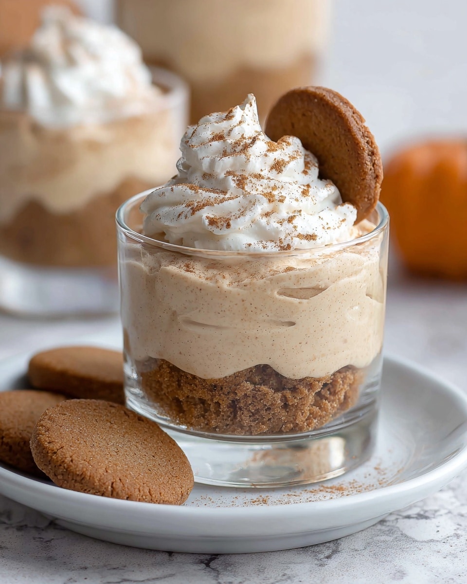 A clear glass cup holds a two-layer dessert placed on a white plate with a smooth texture. The bottom layer is a crumbly brown cookie base, while the thicker upper layer is a creamy light brown mousse with a soft, swirled texture. On top of the mousse sits a dollop of white whipped cream sprinkled lightly with brown cinnamon powder. A round brown cookie is standing upright, inserted into the whipped cream. Next to the glass on the plate are two more round brown cookies with a coarse texture. The background shows another glass with a similar dessert, all set against a white marbled surface. Photo taken with an iphone --ar 4:5 --v 7