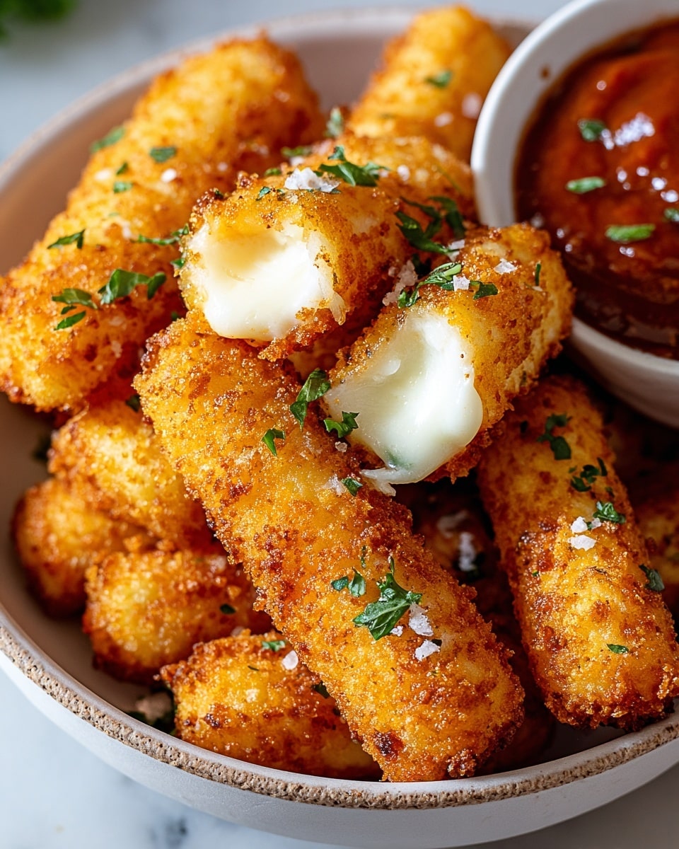 A close-up view of a bowl filled with golden, crispy mozzarella sticks, each stick coated with a crunchy bread crumb layer that is golden brown with small darker spots of fried texture. Some sticks show the inside with melted, white stretchy mozzarella cheese. The sticks are sprinkled with small green parsley bits on top, adding a touch of color. On the side inside the bowl, there is a small amount of red dipping sauce with specks of green herbs and chili flakes. The background surface is a white marbled texture. Photo taken with an iphone --ar 4:5 --v 7