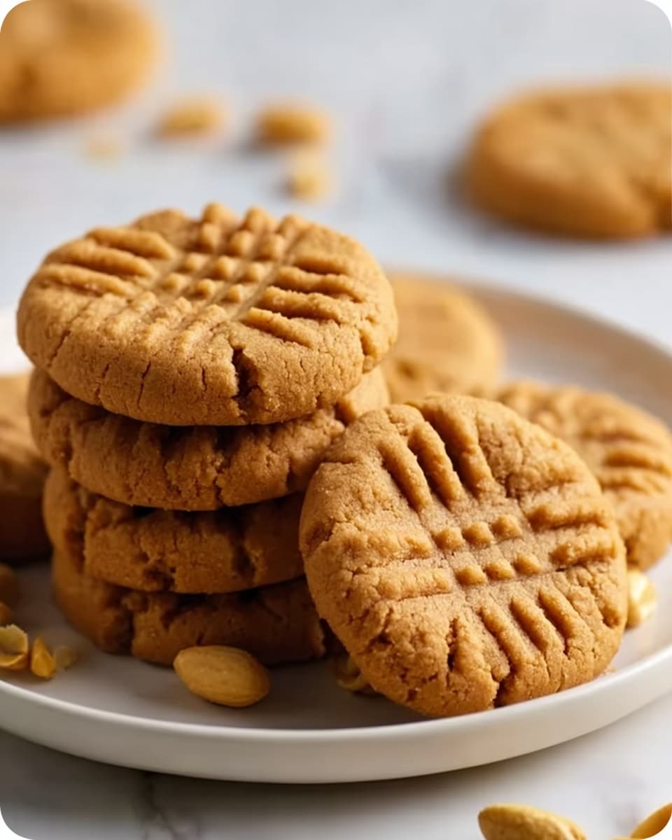 A white plate holds a stack of soft peanut butter cookies, each cookie showing a crisscross fork pattern pressed into the light golden brown surface, the cookies have a slightly cracked texture around the edges, and the background features a white marbled texture with scattered peanuts softly blurred. photo taken with an iphone --ar 4:5 --v 7