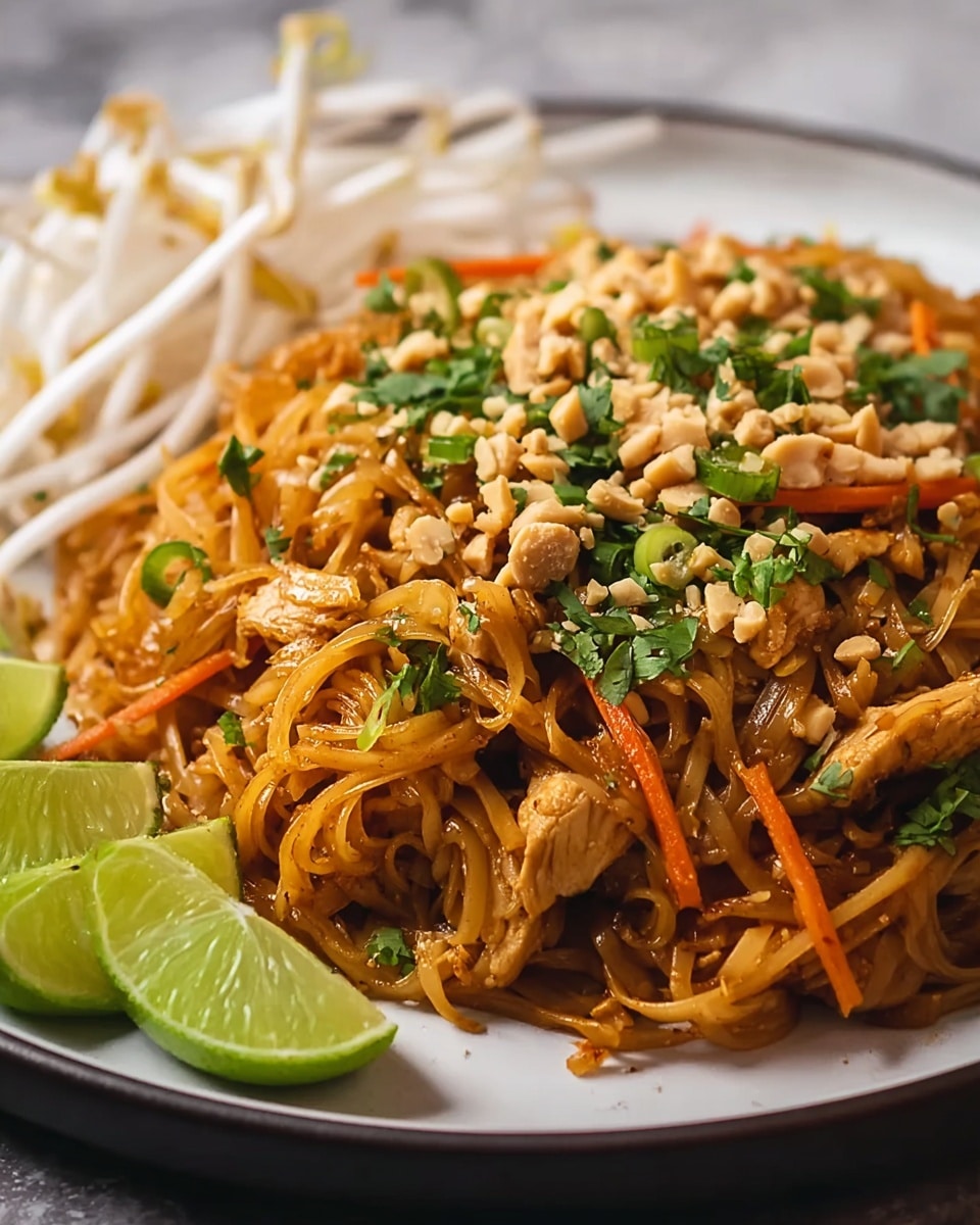 A close-up view of a plate of Pad Thai showing three main layers: at the bottom, a thick pile of shiny, brown stir-fried noodles mixed with small pieces of tofu and thin orange carrot strips; in the middle, chopped green cilantro leaves and bits of crushed peanuts scattered across the noodles; on top, a small mound of fresh white bean sprouts in the center, with three bright green lime wedges placed along the edge of the white plate. The plate rests on a white marbled surface. photo taken with an iphone --ar 4:5 --v 7