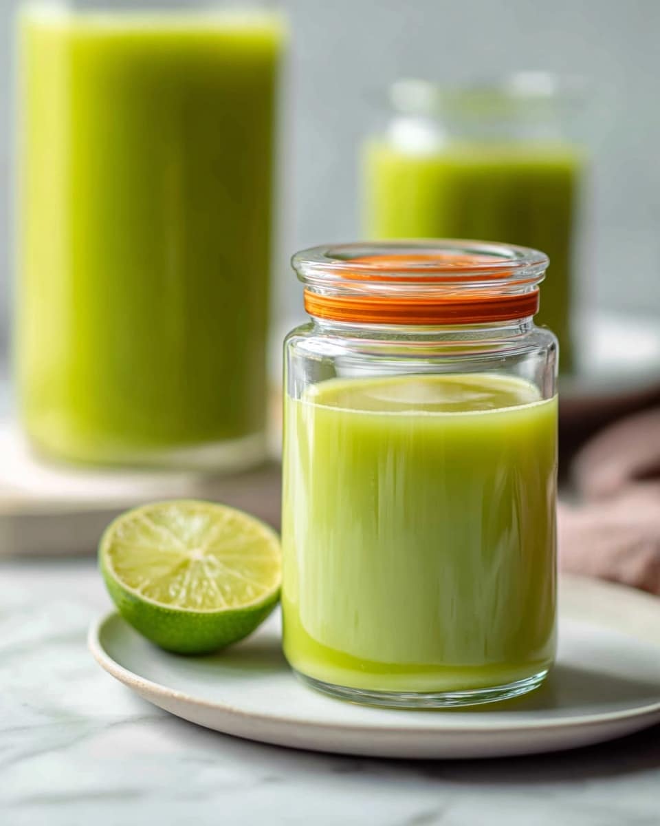 The image shows a small glass jar filled with a light green creamy liquid, sealed with an orange lid and metal clasp. The jar sits on a simple white plate, which rests on a surface with a white marbled texture. In the foreground to the left, there is a halved lime showing its pale yellow-green flesh. In the background, blurred out, there is a tall glass filled with the same light green liquid and another small jar, suggesting more of the same contents. The lighting is soft and natural, highlighting the smooth texture of the liquid inside the jar. Photo taken with an iphone --ar 4:5 --v 7