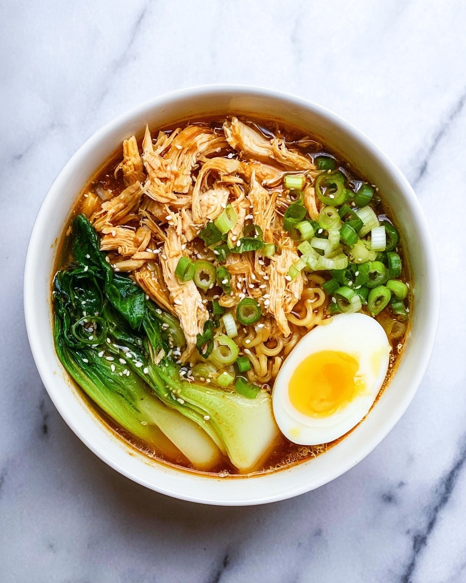 A white bowl filled with ramen noodles resting in a light brown broth. On the left side, there are pieces of shredded chicken that are light tan with a soft texture. To the right of the chicken, there are curly ramen noodles in a warm, pale yellow color. Next to the noodles, there are bright green bok choy leaves adding a fresh touch. At the bottom right, a halved soft-boiled egg shows a white outer layer and a rich golden yellow yolk in the center. The dish is topped with small pieces of chopped green onions and sprinkled with white sesame seeds on top. The bowl is placed on a white marbled surface. photo taken with an iphone --ar 4:5 --v 7