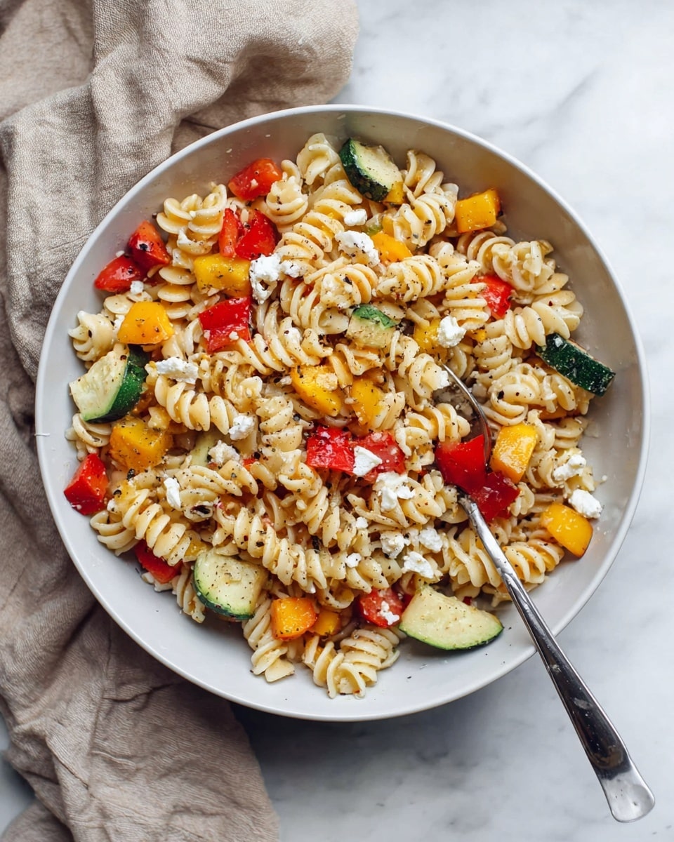 A white bowl filled with a colorful pasta salad sits on a white marbled surface with a light gray cloth nearby. The salad has three main layers: the bottom layer consists of light tan rotini pasta spirals, the middle layer is made up of roughly chopped vegetables including green zucchini pieces, red and yellow bell peppers, and orange bell pepper chunks, while the top layer is dotted with small white crumbles of cheese and a sprinkle of black pepper flakes. A gold spoon rests inside the bowl, partially buried in the salad. photo taken with an iphone --ar 4:5 --v 7