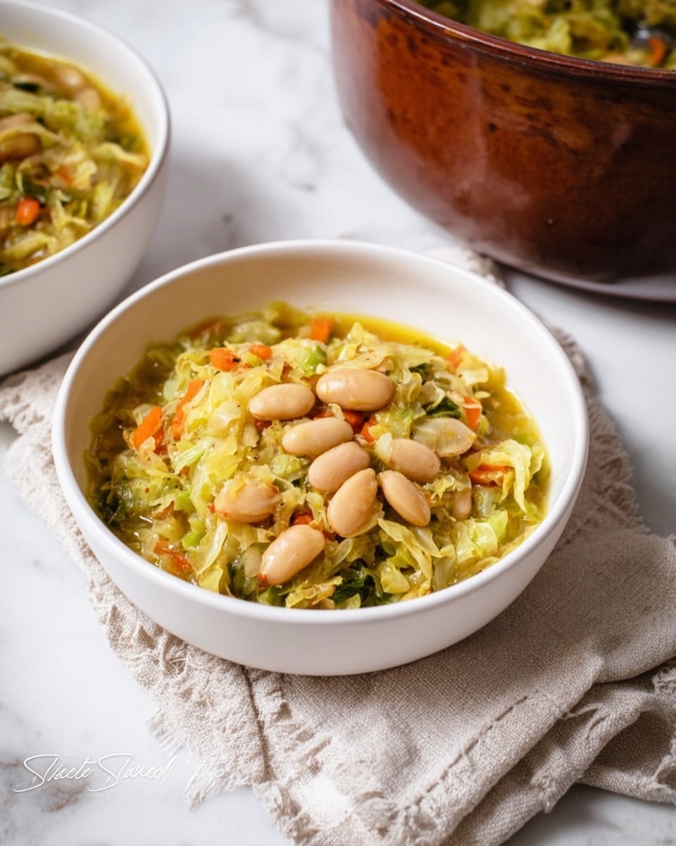 The dish shows a white bowl filled with a vegetable stew consisting of three main layers: at the bottom is a light yellow broth, above it are large, smooth, tan-colored beans scattered evenly throughout. The top layer is a mix of chopped green cabbage with thin strips, bright green leafy herbs, and small pieces of orange carrot. The textures vary from soft beans to crunchy cabbage and fresh herbs. A sprig of green parsley garnishes the dish, placed on the edge of the bowl. The bowl is set on a white marbled surface, with a blurred mix of green leafy shapes in the background, creating a fresh and vibrant look. photo taken with an iphone --ar 4:5 --v 7