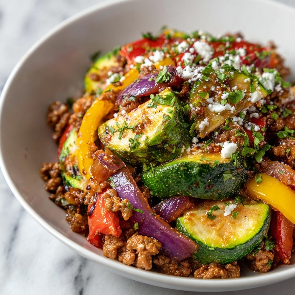 A close-up view of a colorful vegetable and ground meat dish served in a white bowl, showing many layers and textures. The base layer is browned ground meat with a crumbly texture, mixed evenly with slices of bright green zucchini that have a slight sear. Scattered throughout are halved cherry tomatoes in vibrant red and orange shades, adding a juicy and shiny texture. Thin slices of red onion with a glossy look are mixed in, creating a contrast with the other vegetables. Small dollops of white feta cheese are spread on top, soft and crumbly, sprinkled with chopped green herbs, possibly parsley or cilantro, giving fresh green accents. The whole dish looks juicy, fresh, and well-mixed, sitting on a white marbled surface. Photo taken with an iphone --ar 4:5 --v 7