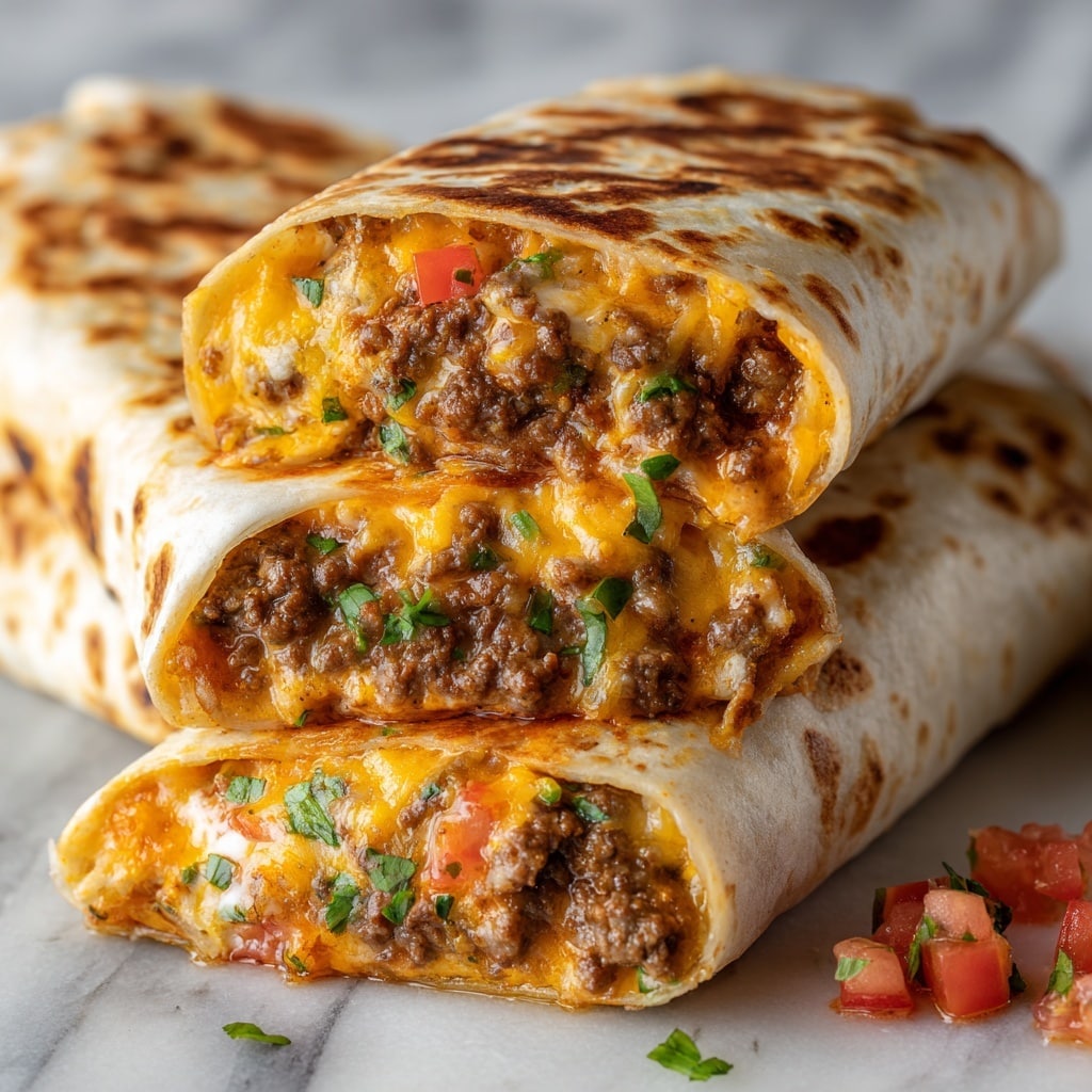The image shows close-up of three rolled burritos placed closely together on a white marbled surface. Each burrito is wrapped in a light brown tortilla with visible grill marks. The burrito layers include a browned cooked ground meat filling mixed with tiny green herb bits, followed by melted yellow and white cheese that drips slightly over the edges. Small chunks of red tomato and bits of fresh green herbs add pops of color inside the burritos. The texture looks soft and gooey from the melted cheese and moist meat. Photo taken with an iphone --ar 4:5 --v 7