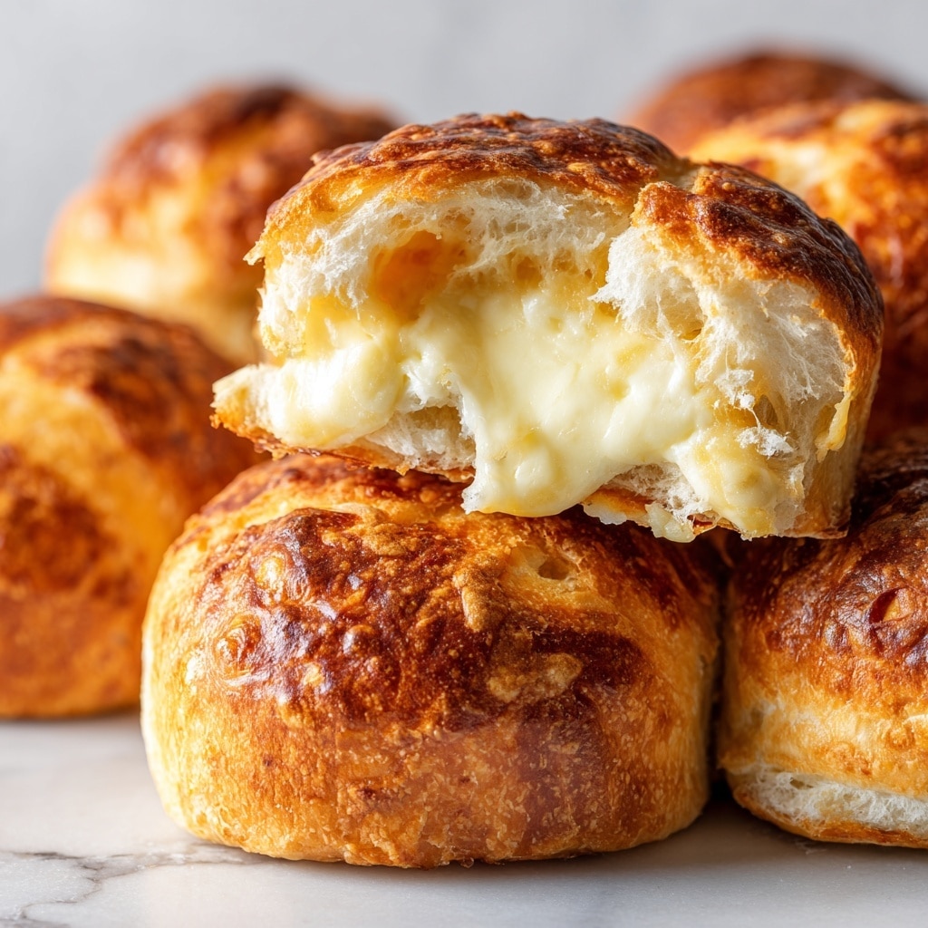 A close-up view of a golden-brown, baked roll with a crispy and textured crust, broken open to reveal soft, fluffy layers inside filled with creamy, melted cheese that is pale yellow and white. The roll sits on top of other similar rolls, all with the same warm, golden color and slightly cracked crusts. The background is a white marbled texture, highlighting the warm tones of the rolls. photo taken with an iphone --ar 4:5 --v 7