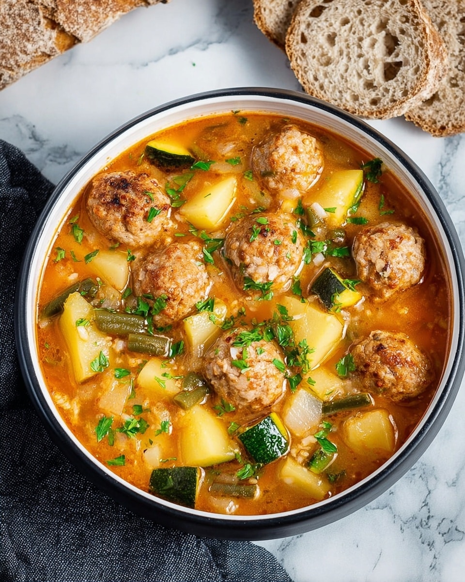 A white bowl filled with a colorful meatball soup sits on a white marbled surface, showing about eight round meatballs mixed with visible grains of rice, floating in a rich orange broth. The soup contains several vegetable chunks including pale yellow potatoes, dark green beans, and green zucchini pieces, all evenly spread throughout. Bright green chopped herbs are scattered on top, adding freshness and contrast to the warm tones. Behind the bowl, there are a few slices of rustic bread with a rough texture. Photo taken with an iphone --ar 4:5 --v 7