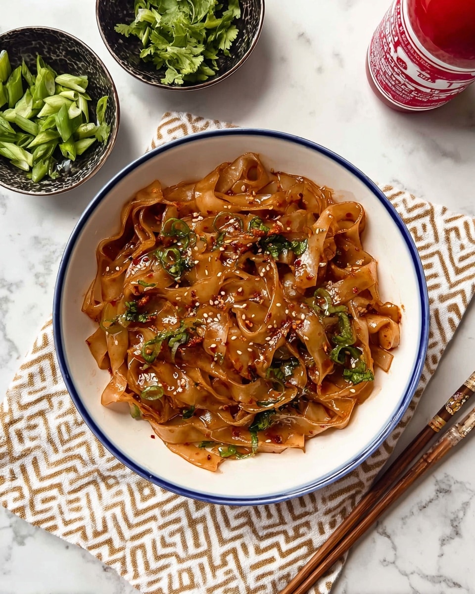A white bowl with a blue rim holds a dish of wide, flat noodles coated in a shiny, reddish-brown sauce. The noodles are folded and layered, mixed with scattered green herb leaves and sprinkled with small white sesame seeds. The sauce looks thick and glossy with hints of chili flakes. In the blurred background, there are two small black bowls filled with green herbs and a red bottle lying on its side, all placed on a white marbled surface. photo taken with an iphone --ar 4:5 --v 7