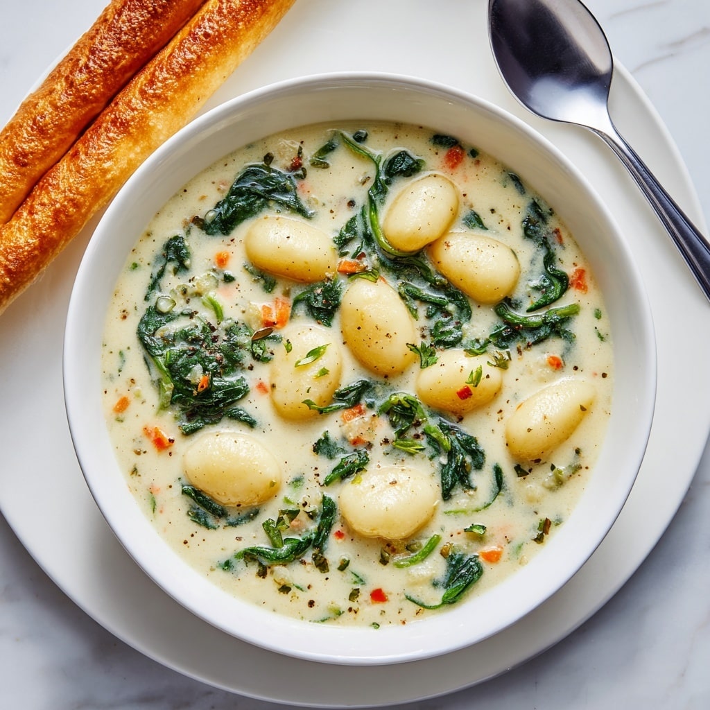 A white bowl filled with creamy gnocchi pasta, coated in a thick white sauce mixed with finely chopped green spinach and tiny orange carrot shreds, creating a speckled texture. The gnocchi pieces are plump and smooth, visible under the sauce, with some herbs sprinkled throughout the dish. Behind the bowl, there are three golden-brown toasted breadsticks placed on a white plate. A silver spoon reflects some greenery in the blurry background, all set on a white marbled surface. photo taken with an iphone --ar 4:5 --v 7