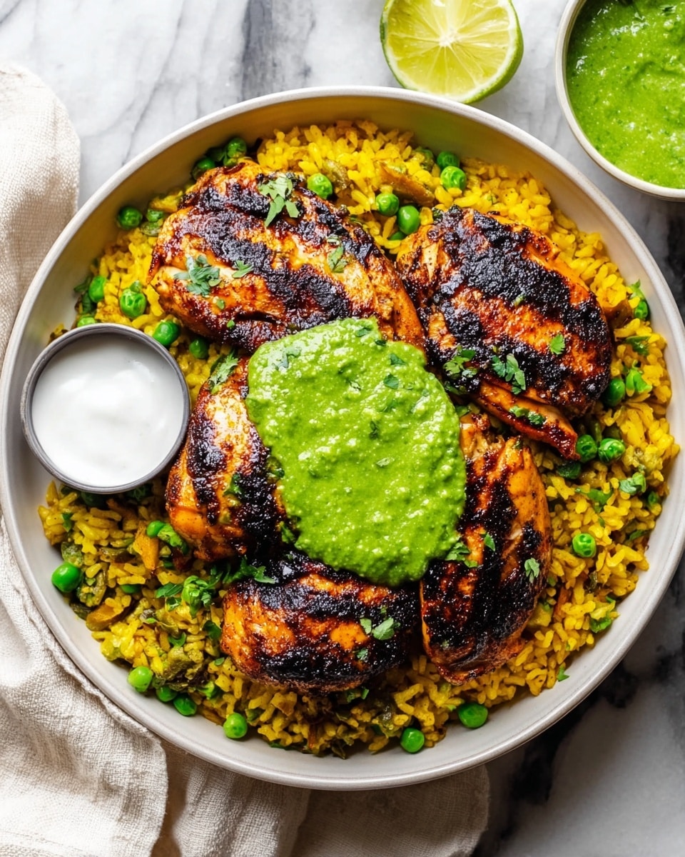 A white bowl is filled with a base layer of yellow rice mixed with green peas and garnished with fresh green cilantro leaves. On top of the rice, there are three grilled chicken breasts with dark char marks giving a textured, slightly crispy look. Two of the chicken pieces are topped with a thick, bright green sauce that looks creamy and speckled with darker green herbs. To the right side inside the bowl, there is a small brown cup filled with the same green sauce. The bowl is placed on a white marbled surface. photo taken with an iphone --ar 4:5 --v 7