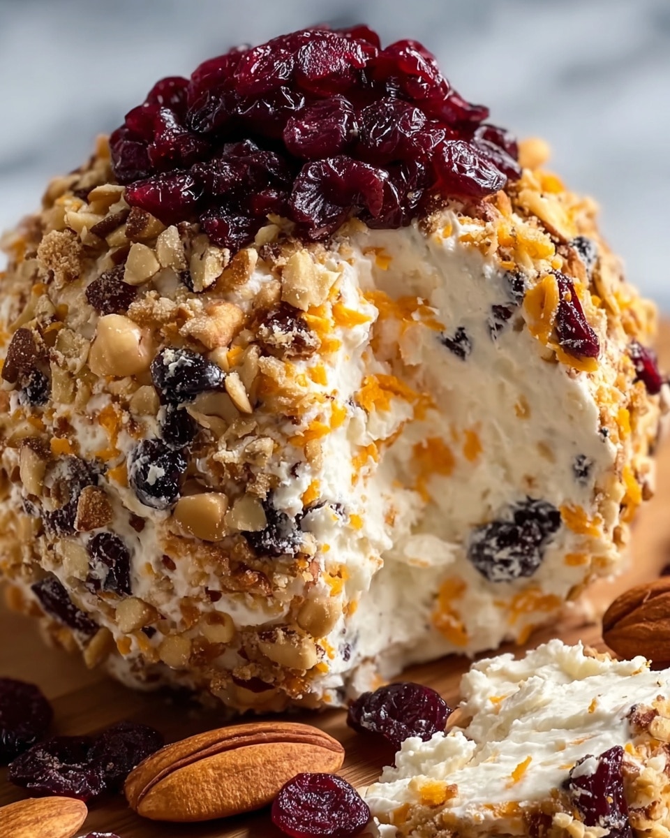 The image shows a round cheese ball with a textured outer layer made of chopped nuts and dried cranberries, covering a creamy white inside mixed with shredded orange cheese and small dark raisins. The cheese ball has one large slice removed, revealing the inside layers, and the top is decorated with a pile of glossy dark red dried cranberries and nuts. Scattered dried cranberries and nuts are placed around the cheese ball on a white marbled surface. photo taken with an iphone --ar 4:5 --v 7