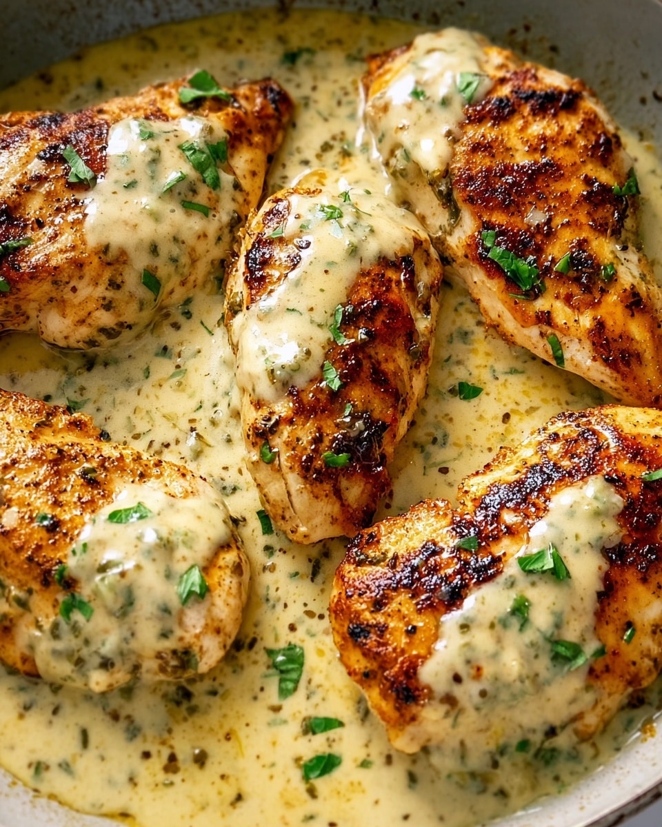 The image shows five pieces of golden-brown chicken breasts, each piece cooked with a slightly crispy texture and seasoned with black pepper. They are partially covered with a creamy light beige sauce speckled with green herbs. The chicken sits closely together in a pan, with the sauce pooling around the edges and small parsley leaves sprinkled on top for garnish. The background is a white marbled texture. photo taken with an iphone --ar 4:5 --v 7