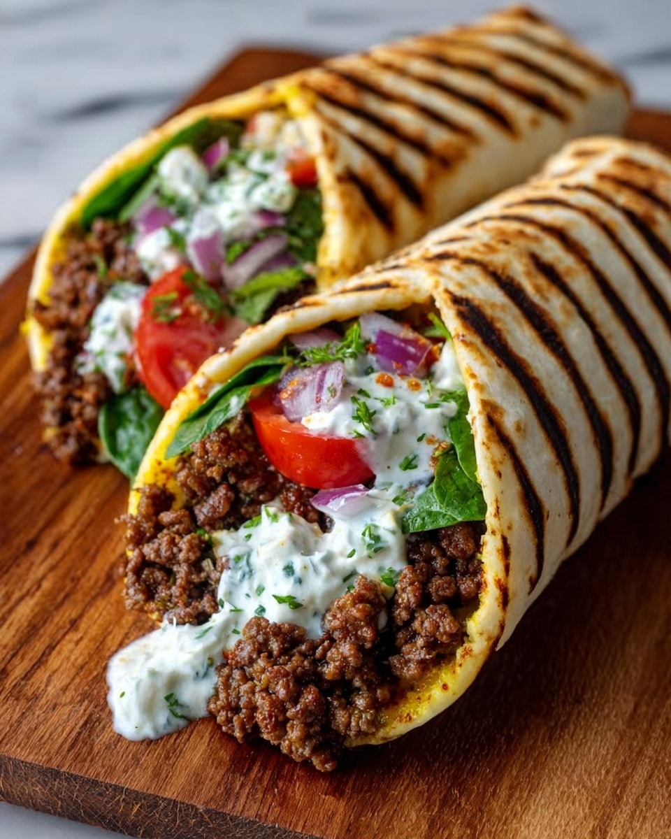 The image shows two wraps with golden grilled marks on the soft, slightly toasted flatbread, placed side by side on a wooden board. Each wrap is filled with several visible layers starting with dark seasoned ground meat at the base, followed by bright yellow corn kernels, fresh green spinach leaves, chopped red cherry tomatoes, small pieces of purple onion, and topped with a creamy white sauce speckled with green herbs. The wraps are tightly folded at the bottom and open at the top, showing all the colorful ingredients inside. The wooden board sits on a white marbled surface. photo taken with an iphone --ar 4:5 --v 7