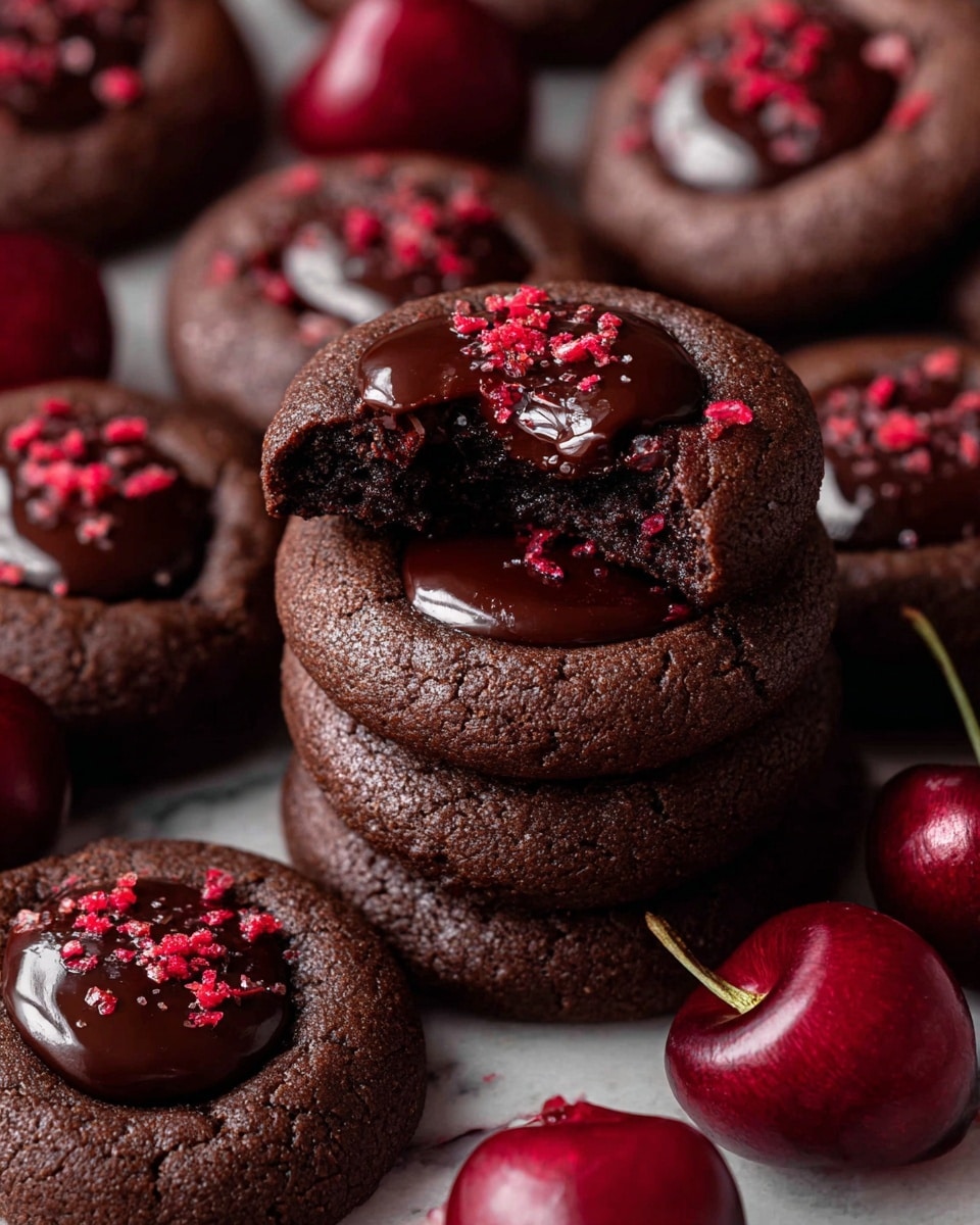 A close-up view of several dark brown chocolate cookies stacked and placed on a white marbled surface, each cookie having a glossy, smooth, dark chocolate center filled with melted chocolate and topped with small red crumbs. The cookie stack in the middle shows the top cookie with a bite taken off, revealing a soft, rich texture inside. Surrounding the cookies are shiny, deep red cherries with green stems, adding a pop of color. The cookies have a slightly cracked surface, emphasizing their homemade look. photo taken with an iphone --ar 4:5 --v 7