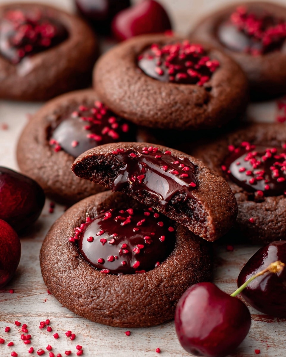 The image shows several round chocolate cookies with a soft, dark brown outer layer and a shiny, smooth chocolate center. One cookie is broken in half, revealing the gooey chocolate inside. Small red sprinkles are scattered on top of some cookies, adding a pop of color. Around the cookies, there are a few dark red cherries with stems, adding a fresh, glossy texture. All items rest on a wooden surface replaced with a white marbled texture in the description. photo taken with an iphone --ar 4:5 --v 7