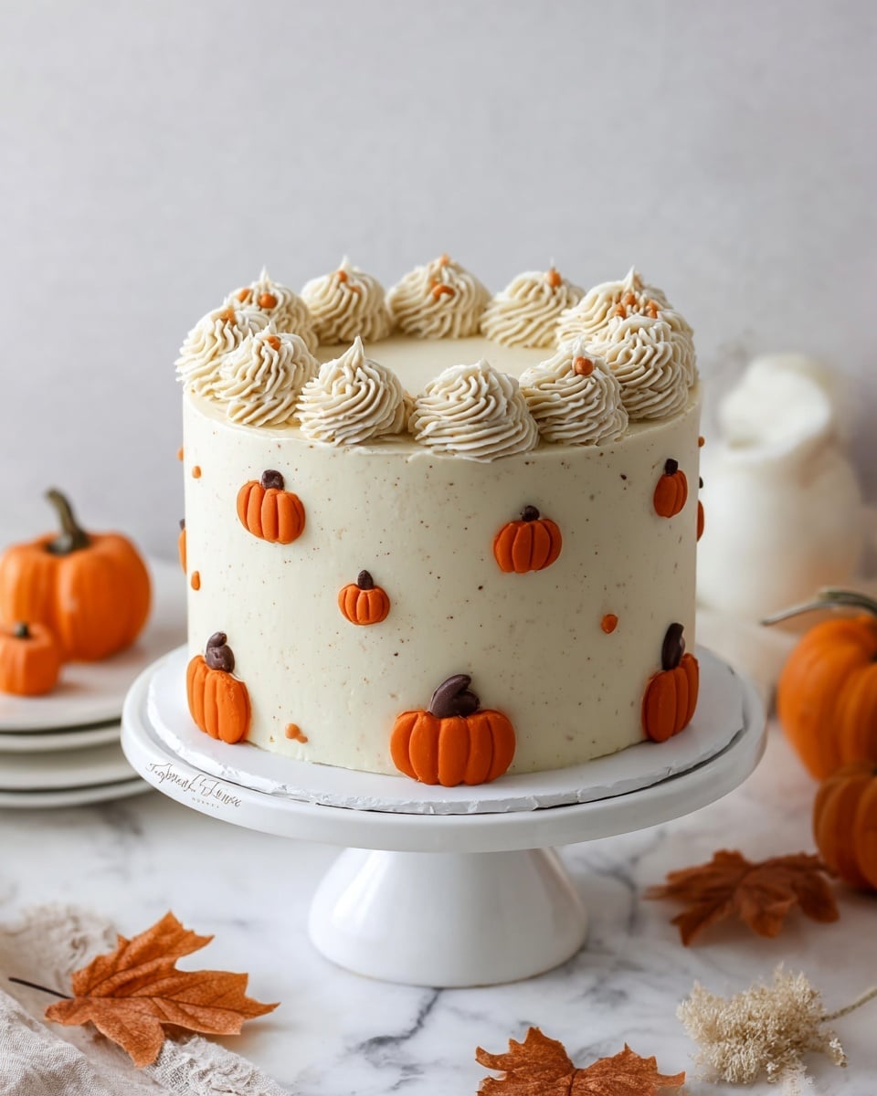 The image shows a four-layered cake with light brown sponge layers separated by smooth white frosting. The third layer from the top has a thick golden caramel sauce spilling down over the inside edge. The cake is covered in white frosting with small orange pumpkin shapes piped around the sides and top. The top edge is decorated with swirls of white frosting and small orange dollops with tiny brown stems. One slice is placed on a white plate in front, also decorated with two orange pumpkins piped on the side. The cake stands on a white cake stand on a white marbled surface, with a small pumpkin and a glass bottle of milk nearby. In the background, a white mixer and a purple bag with white text can be seen. photo taken with an iphone --ar 4:5 --v 7