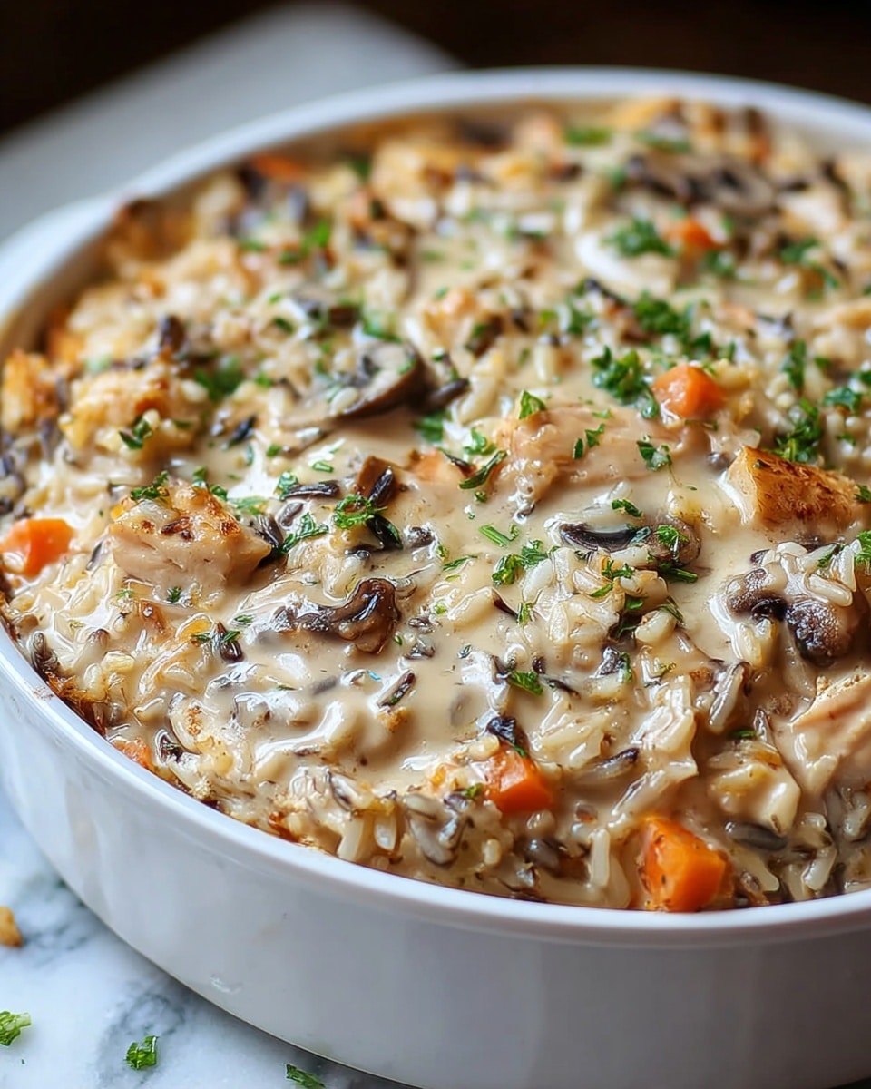 A close-up view of a creamy mixed rice dish in a white round ceramic bowl with ridges on the outside. The dish has multiple layers visible with a creamy white sauce covering cooked wild rice grains which are dark brown and black, soft orange carrot slices, and sliced brown mushrooms. Fresh chopped green herbs are sprinkled evenly on top, adding a pop of color. The texture looks rich and slightly thick, with browned bits around the edges hinting it was baked. The bowl is set on a white marbled surface. photo taken with an iphone --ar 4:5 --v 7
