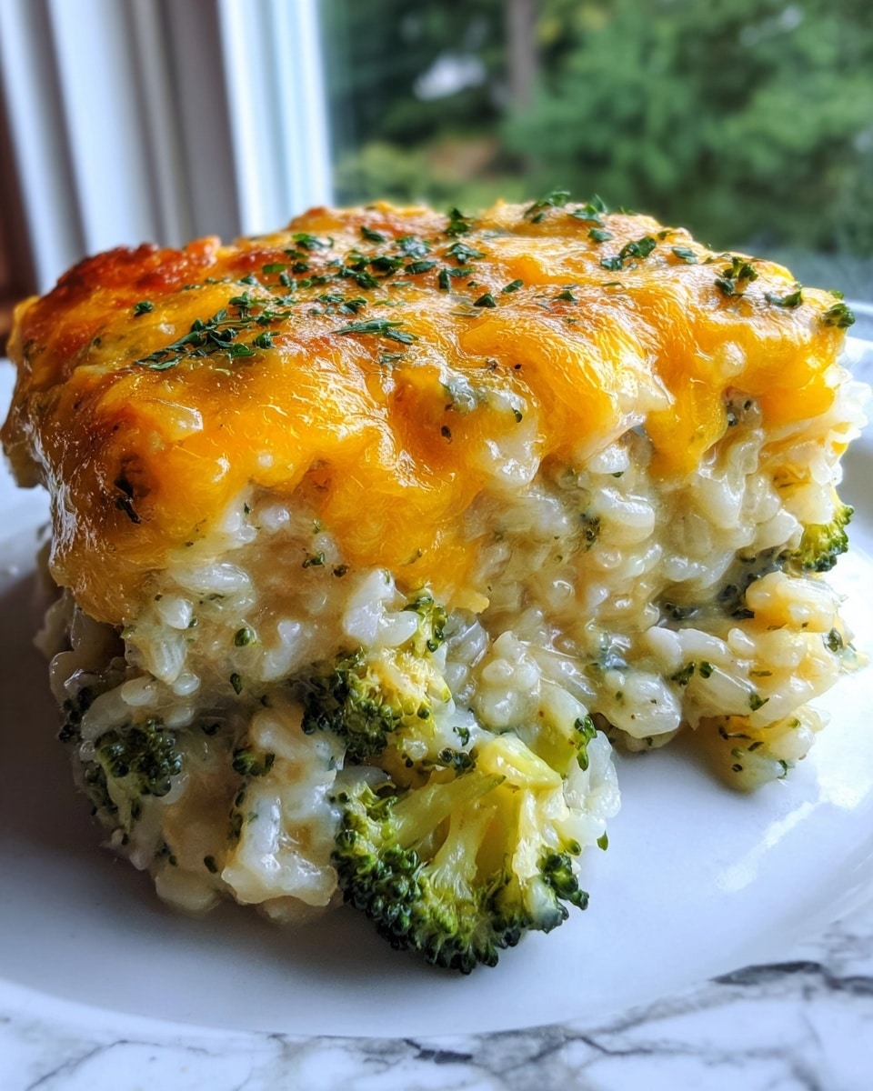 A close-up of a cheesy broccoli rice casserole piece on a white plate, showing three visible layers: the bottom layer is soft white rice mixed with small green broccoli pieces, the middle layer is a creamy sauce with more broccoli, and the top layer is melted golden-yellow cheese with browned spots and small green herbs sprinkled throughout. The cheese layer looks gooey and slightly crispy on the edges. The background has a blurred window view with greenery and a white marbled texture under the plate. photo taken with an iphone --ar 4:5 --v 7