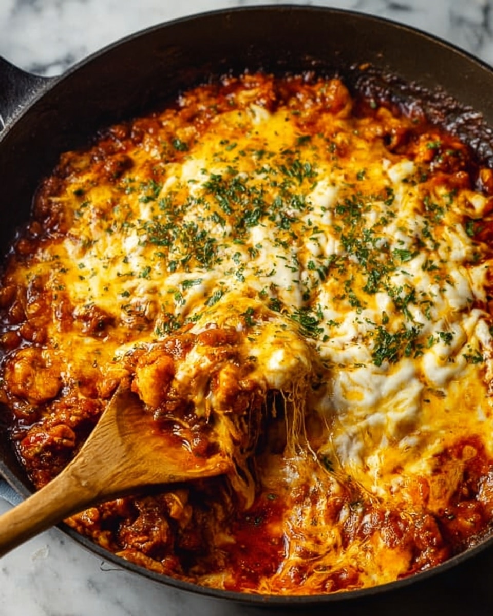 A black cast iron skillet filled with a bubbly, melted cheese and tomato dish, showing about three layers: a red tomato-based sauce at the bottom with visible chunks of vegetables or meat, a middle layer of bubbling golden and white melted cheese, and small green herb bits sprinkled on top. A wooden spoon is lifting a gooey portion from the right side, stretching the cheese. The skillet sits on a white marbled textured surface with scattered red chili flakes around. Photo taken with an iphone --ar 4:5 --v 7