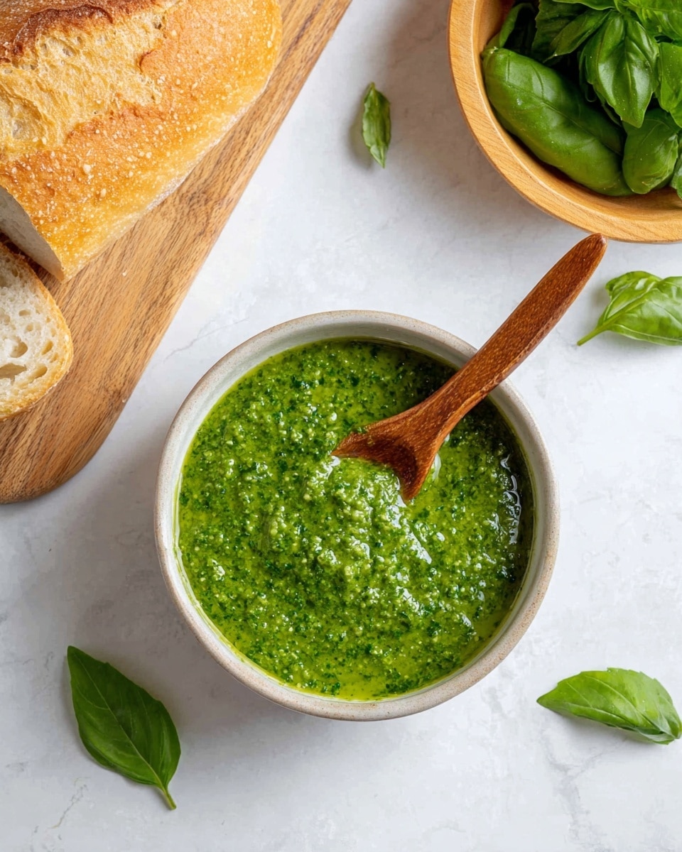 A bowl filled with bright green pesto sauce that looks thick and slightly chunky, with a smooth shining surface, sits on a white marbled background. A wooden spoon rests inside the bowl, its handle stretching out toward the top right corner. On the top left is a wooden board with a loaf of bread, one slice placed next to the loaf showing a light crumb with big holes. Fresh green basil leaves are scattered on the white marbled surface, and more basil leaves fill a light wooden bowl on the upper right corner. photo taken with an iphone --ar 4:5 --v 7